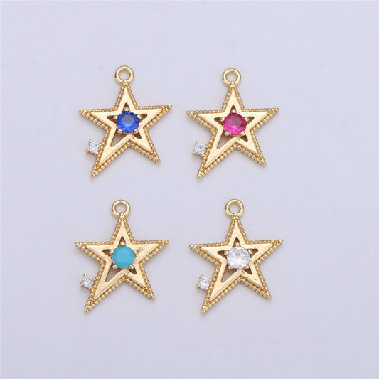 Pink Blue Clear Cubic star charm, 1 piece, 13x16mm 16K gold plated brass, CZ, Nickel free, Rock Star charm for Necklace Earring I-331