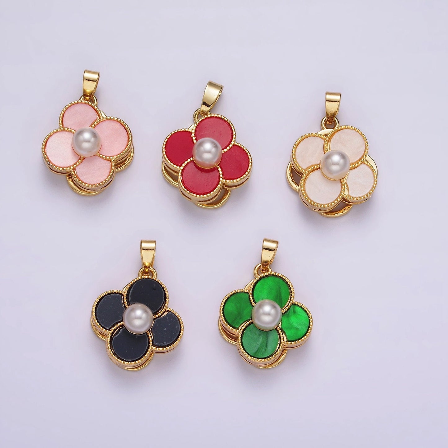 16K Gold Filled Pearl Flower Quatrefoil Spinner Pendant | AA1099 - AA1101