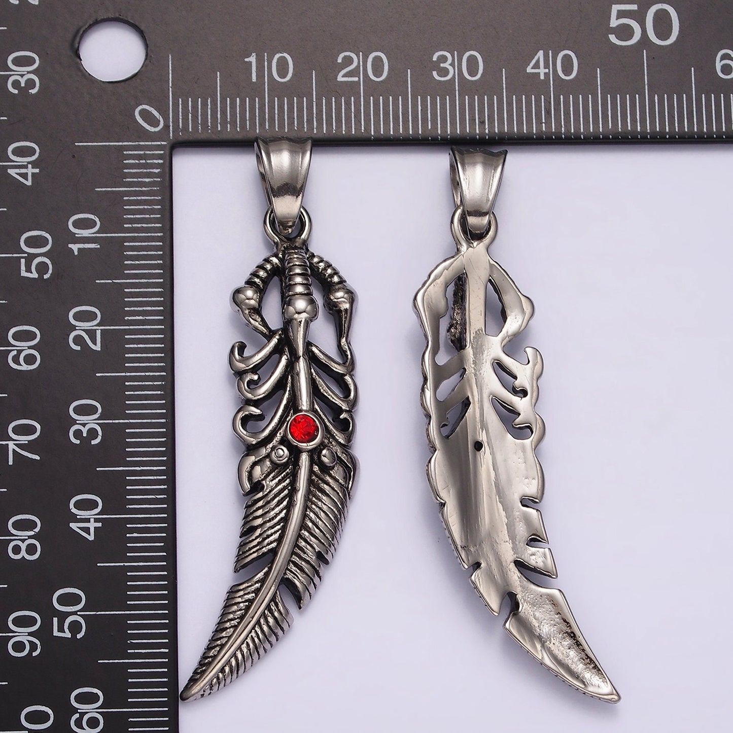 Stainless Steel 63mm Vintage, Goth Feather w/ red CZ | P-871