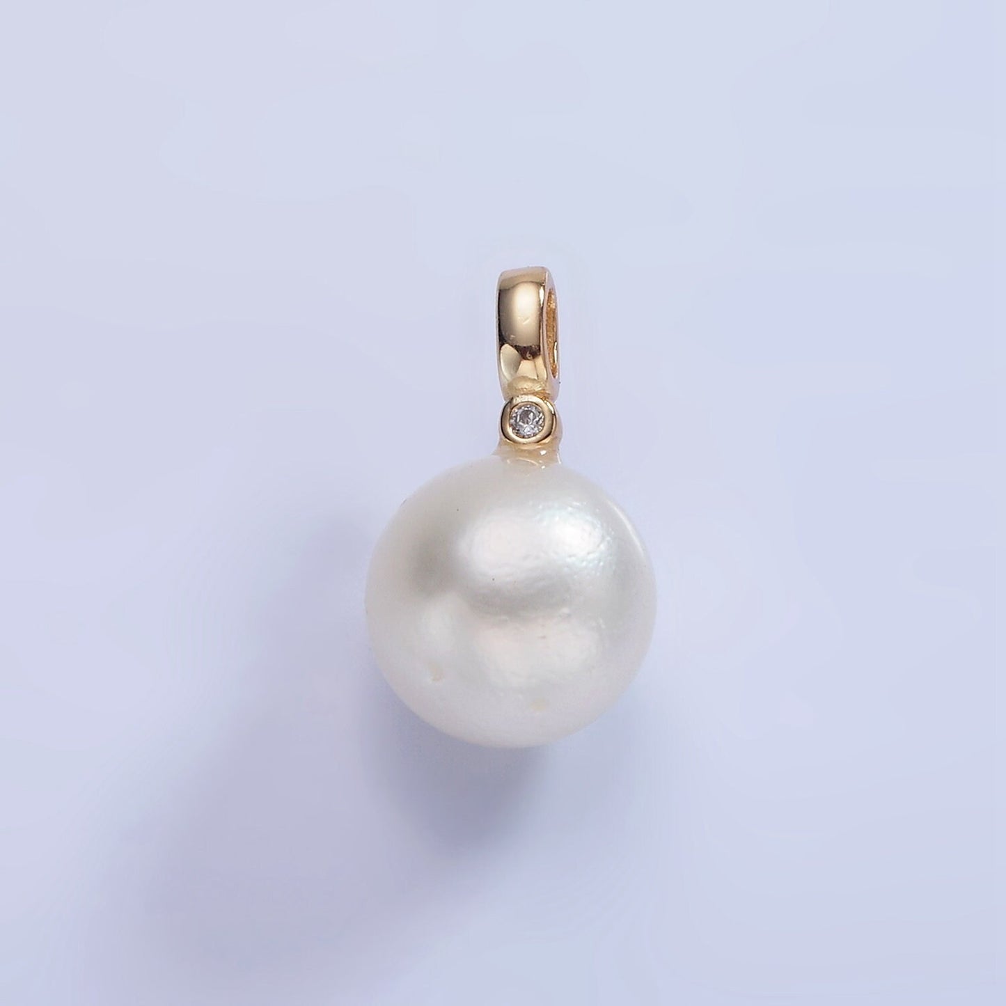 14K Gold Filled 8mm, 10mm White Round Pearl CZ Bail Pendant | P-1684