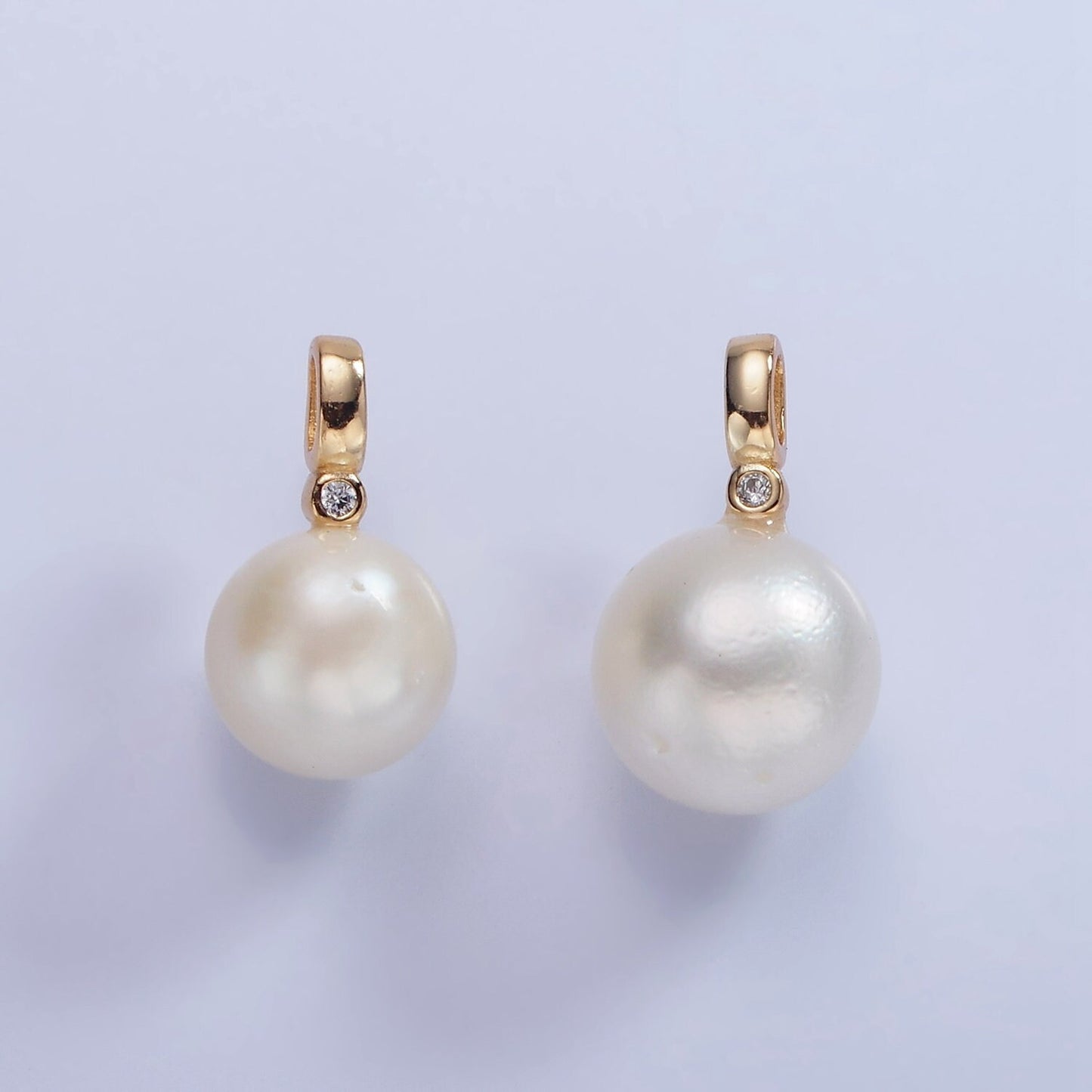 14K Gold Filled 8mm, 10mm White Round Pearl CZ Bail Pendant | P-1684