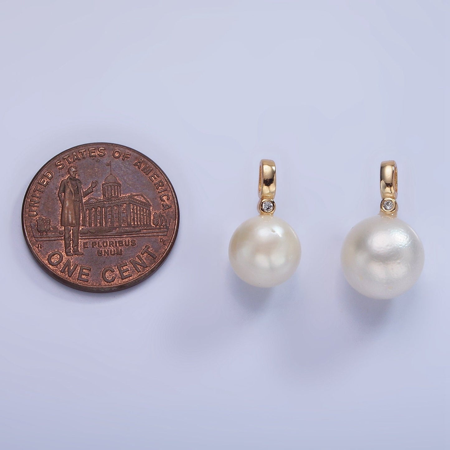 14K Gold Filled 8mm, 10mm White Round Pearl CZ Bail Pendant | P-1684