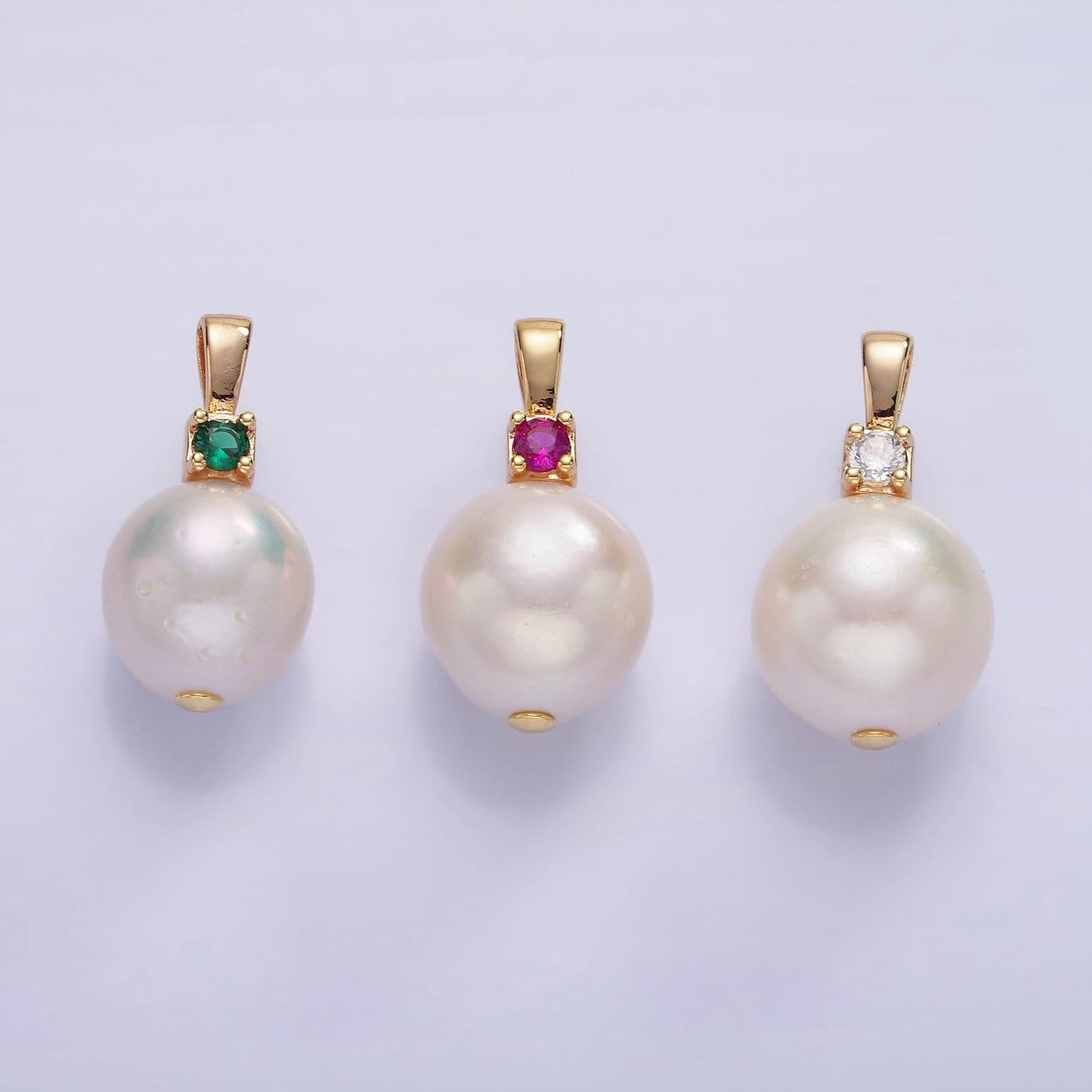 14K Gold Filled Pearl Clear, Green and Fuchsia CZ Bail 19mm | P-1694~P-1695