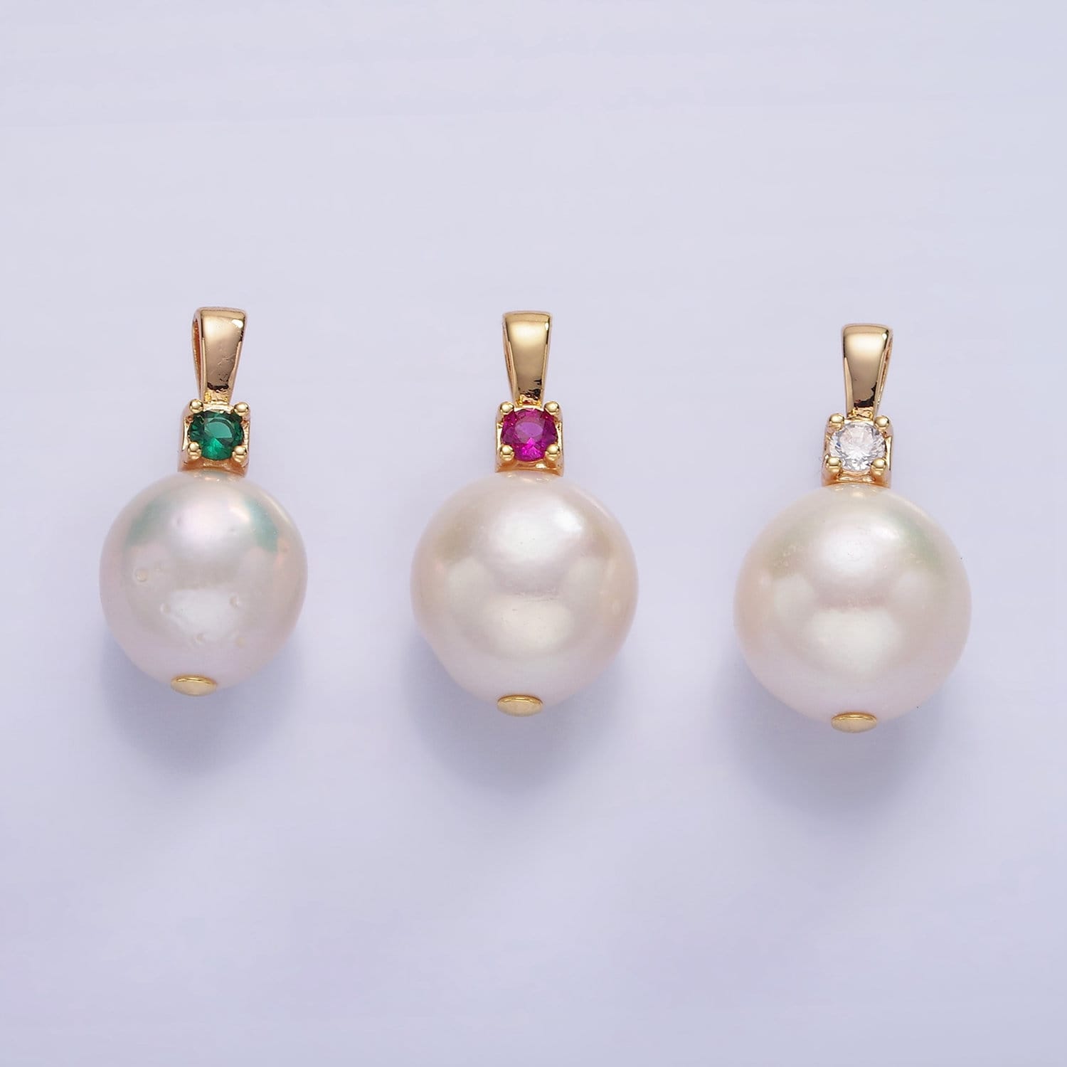 14K Gold Filled Pearl Clear, Green and Fuchsia CZ Bail 19mm | P-1694~P-1695