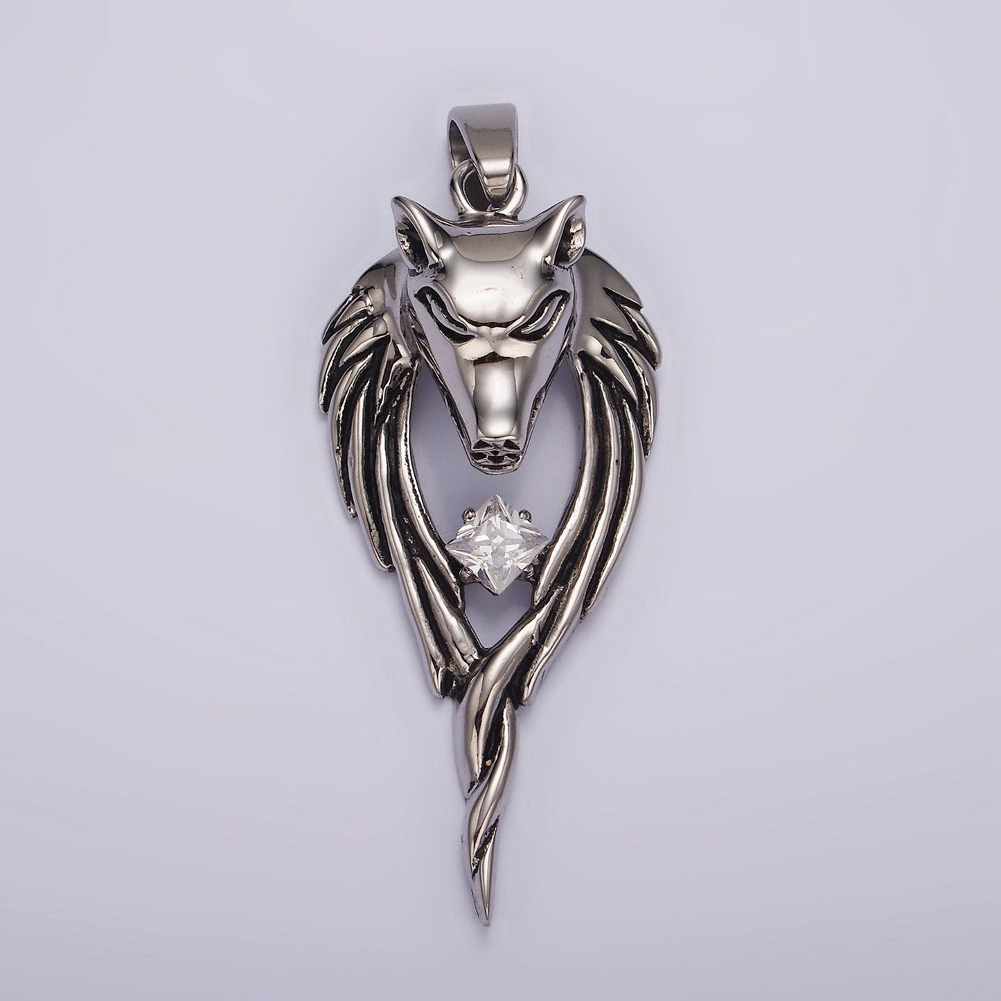 Stainless Steel Wolf Head Wings Open Clear CZ Rhombus Pendant | P873