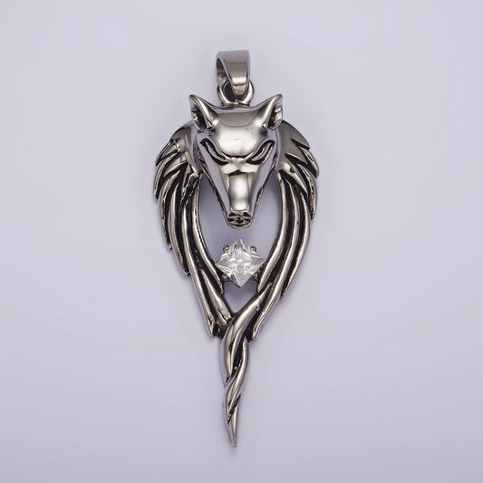 Stainless Steel Wolf Head Wings Open Clear CZ Rhombus Pendant | P873
