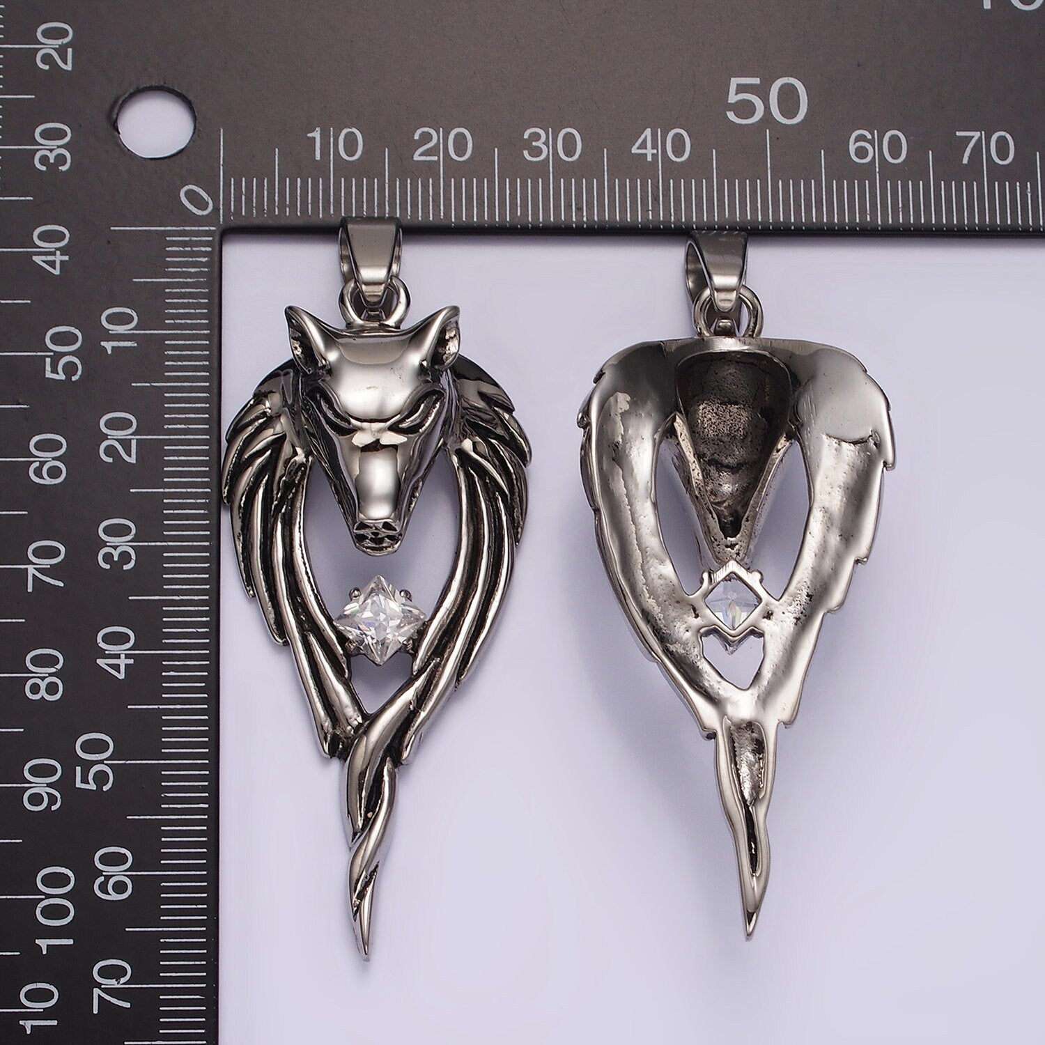 Stainless Steel Wolf Head Wings Open Clear CZ Rhombus Pendant | P873