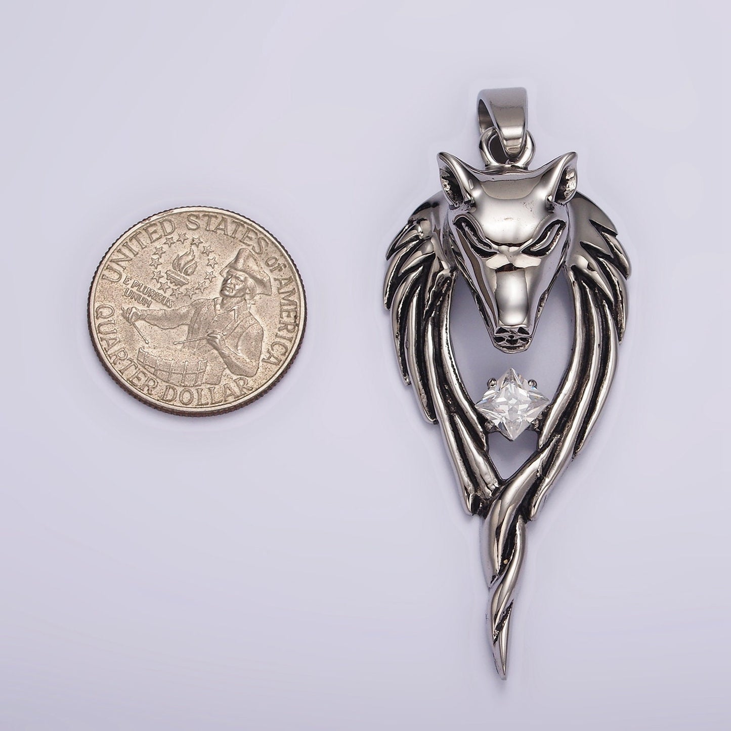 Stainless Steel Wolf Head Wings Open Clear CZ Rhombus Pendant | P873