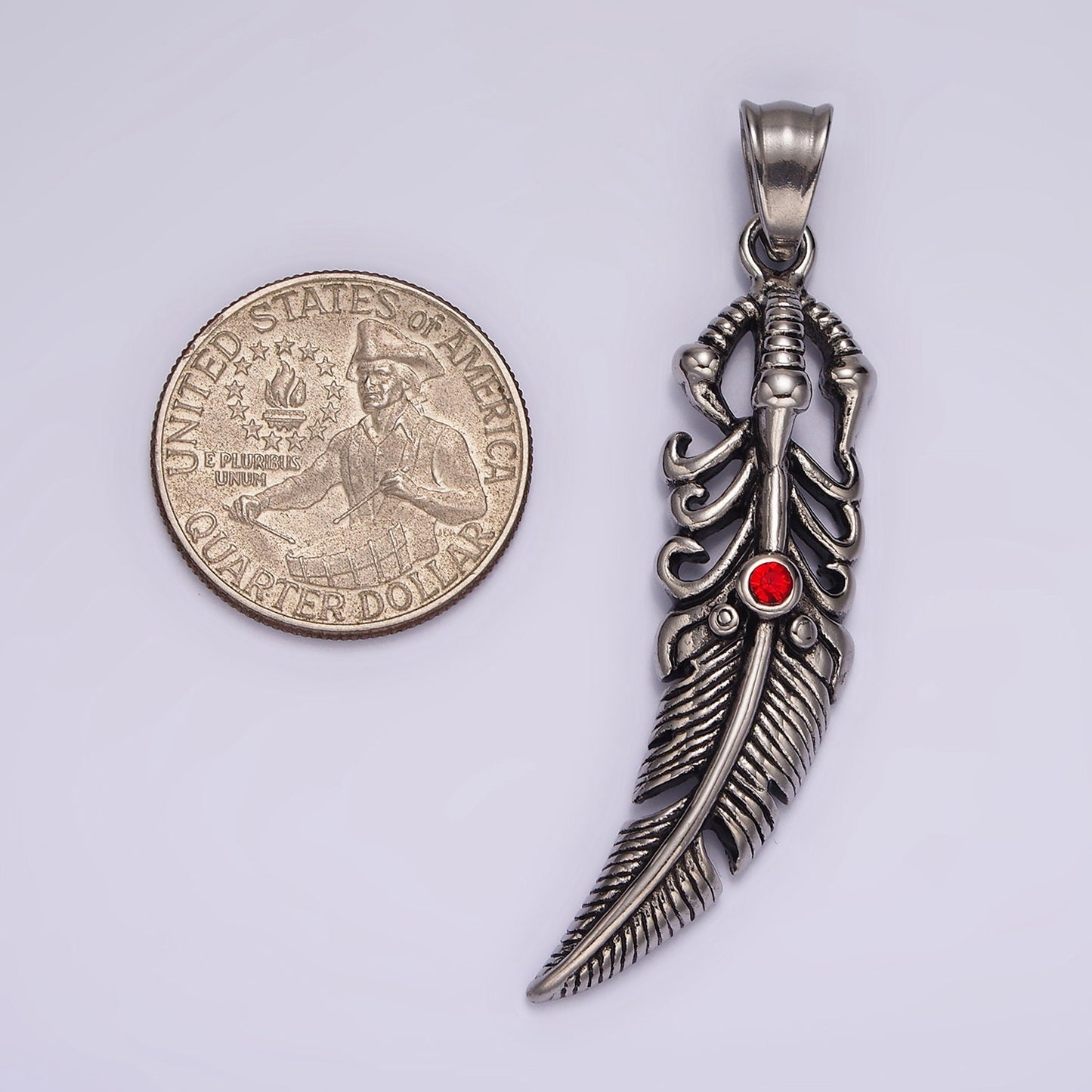 Stainless Steel 63mm Vintage, Goth Feather w/ red CZ | P-871
