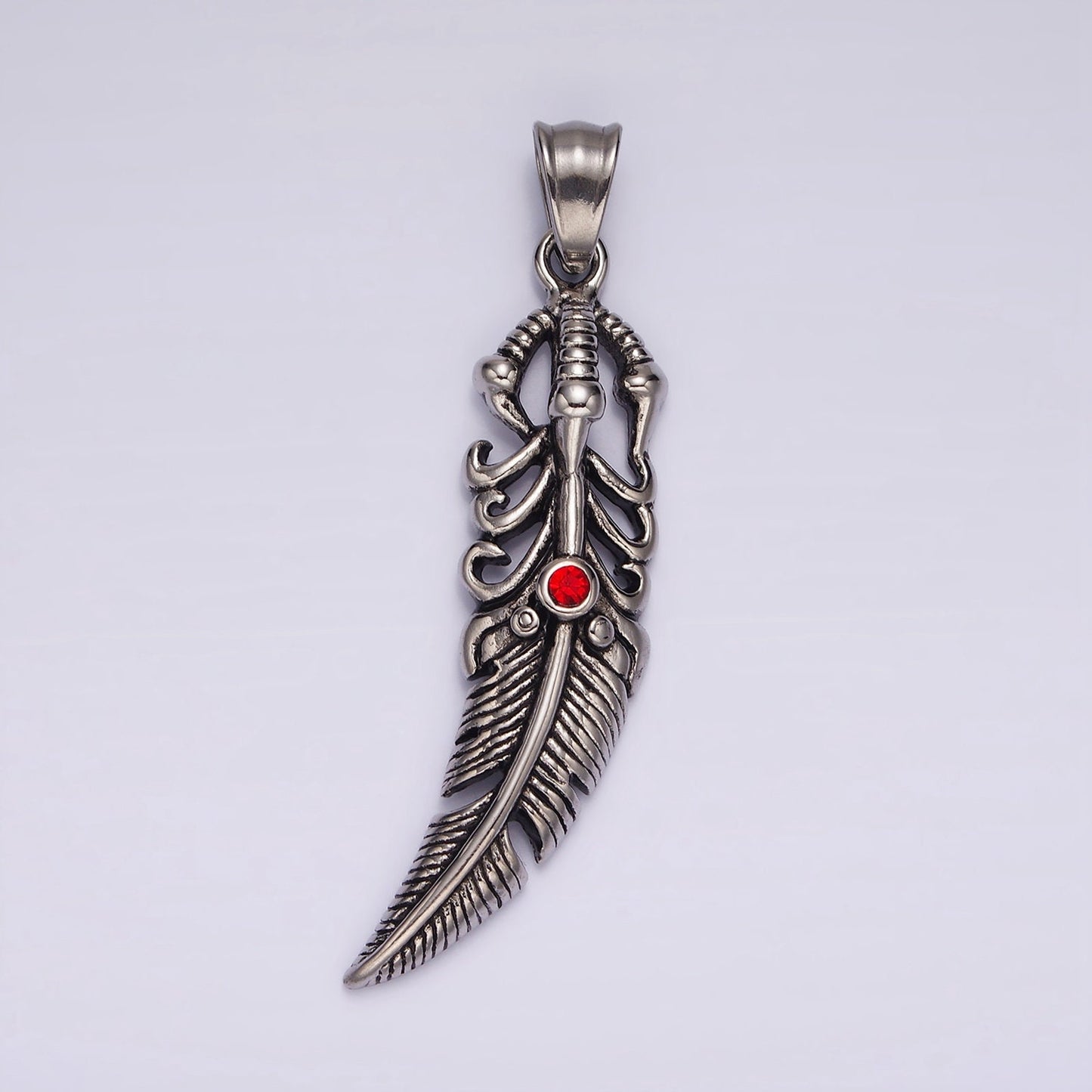 Stainless Steel 63mm Vintage, Goth Feather w/ red CZ | P-871