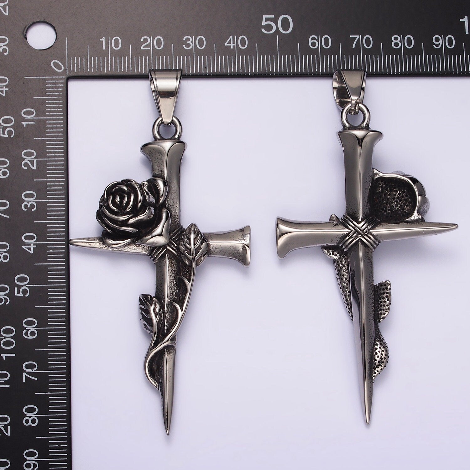 Stainless Steel Rose Nail Cross, Gothic style Charm for Necklace Pendant | P-1176