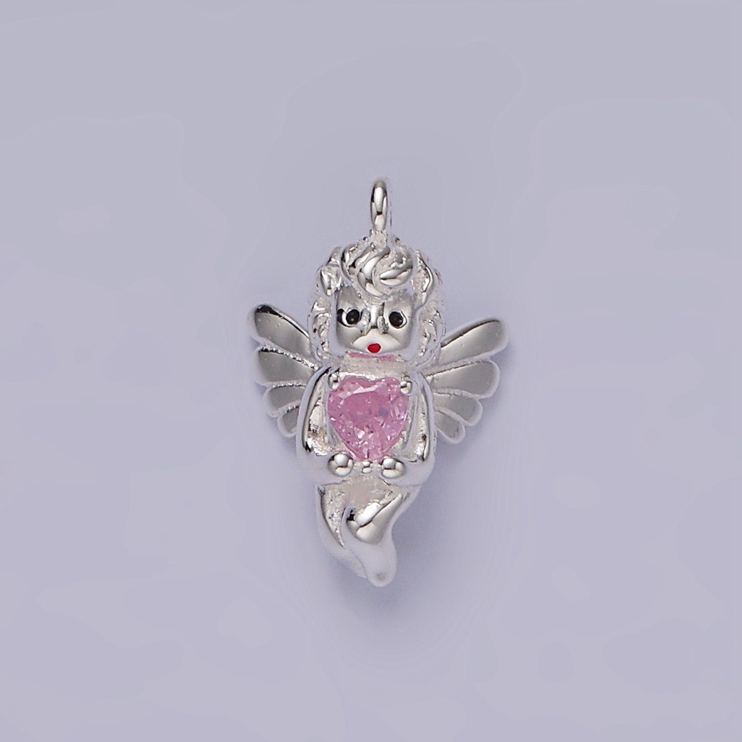 S925 Sterling Silver Baby Angel Holding a Pink Heart | SL-423