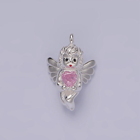 S925 Sterling Silver Baby Angel Holding a Pink Heart | SL-423