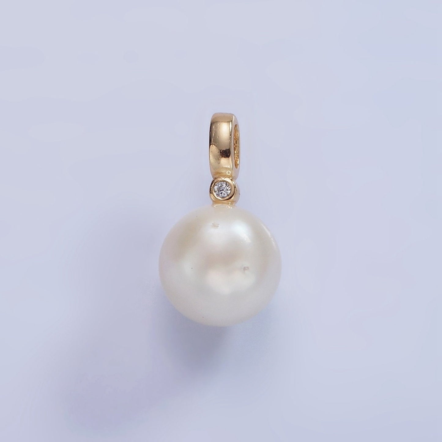 14K Gold Filled 8mm, 10mm White Round Pearl CZ Bail Pendant | P-1684