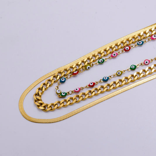 Stainless Steel Evil Eye Curb Herringbone Chain Triple Layer Necklace | WA-2343