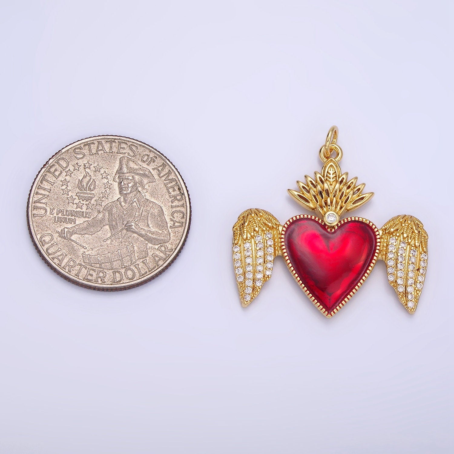 14K Gold Filled Red CZ Heart with Crown Angel Wings Charm | AG228