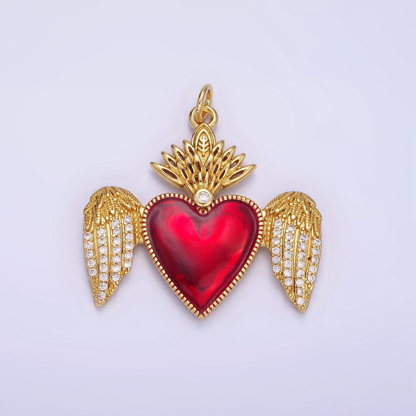14K Gold Filled Red CZ Heart with Crown Angel Wings Charm | AG228