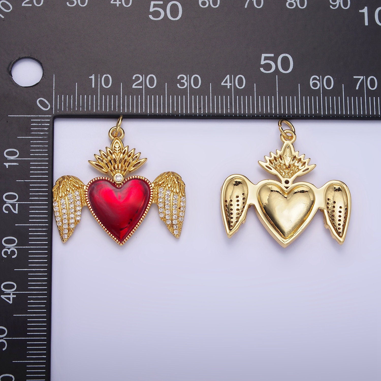 14K Gold Filled Red CZ Heart with Crown Angel Wings Charm | AG228