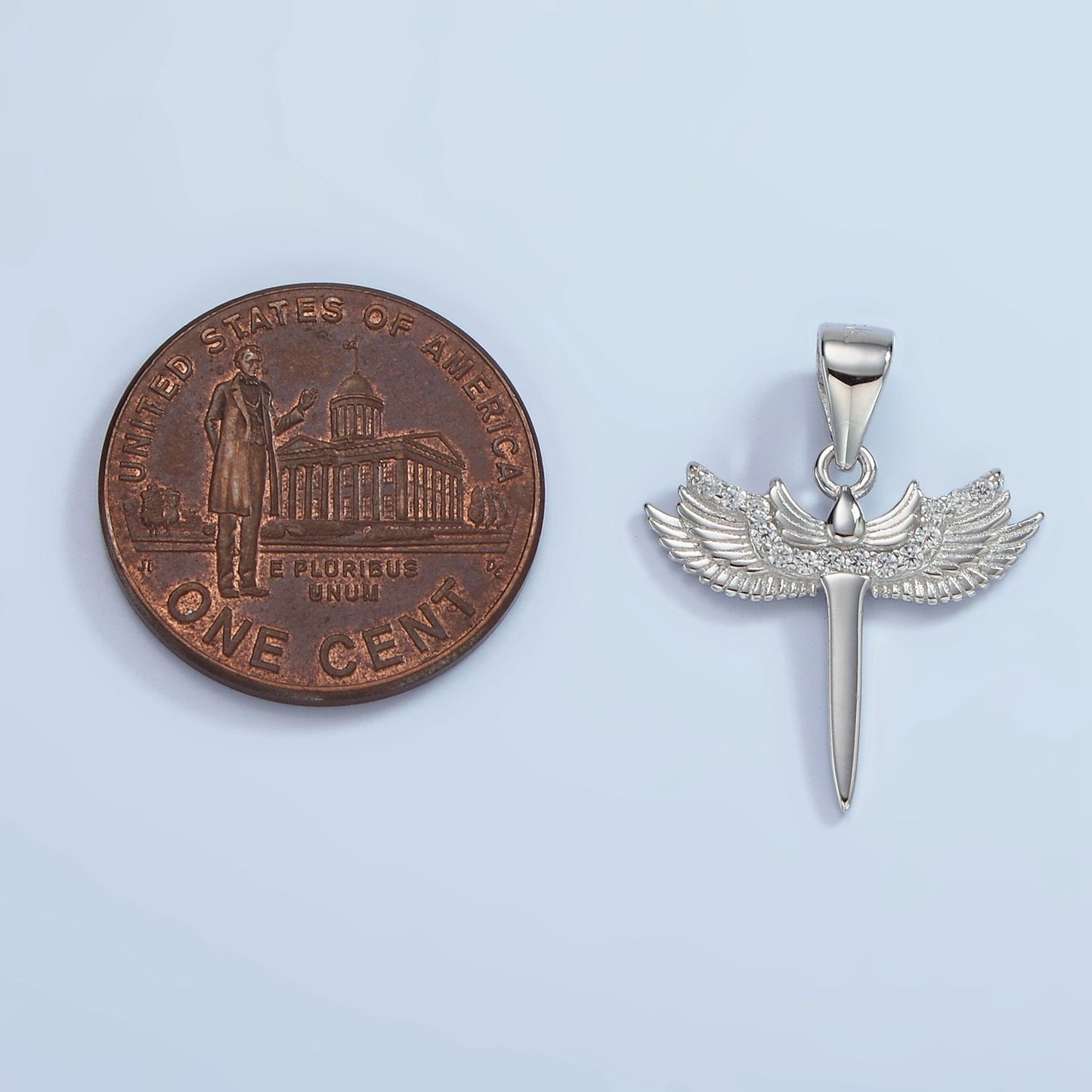 S925 Sterling Silver Micro Paved CZ Feather Wings Sword Pendant | SL-461