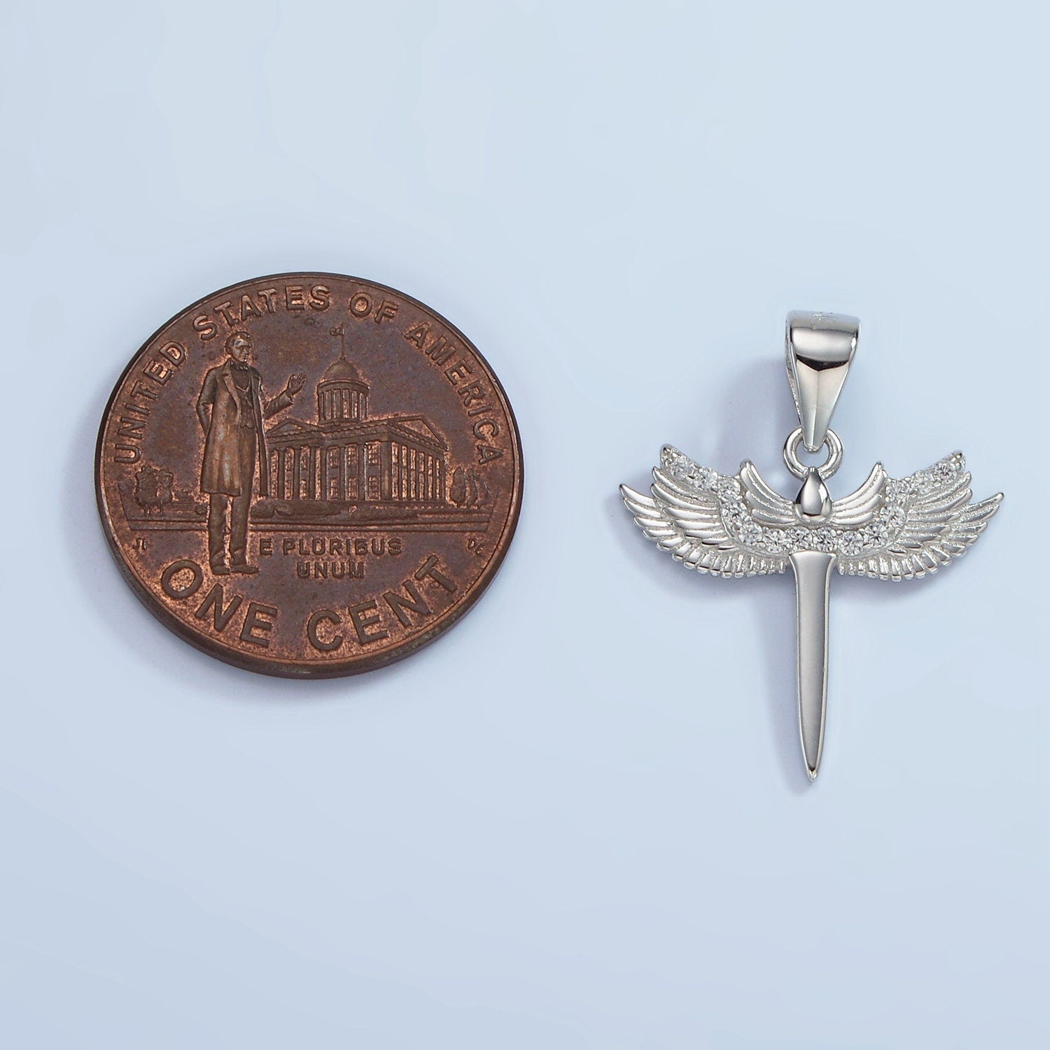 S925 Sterling Silver Micro Paved CZ Feather Wings Sword Pendant | SL-461