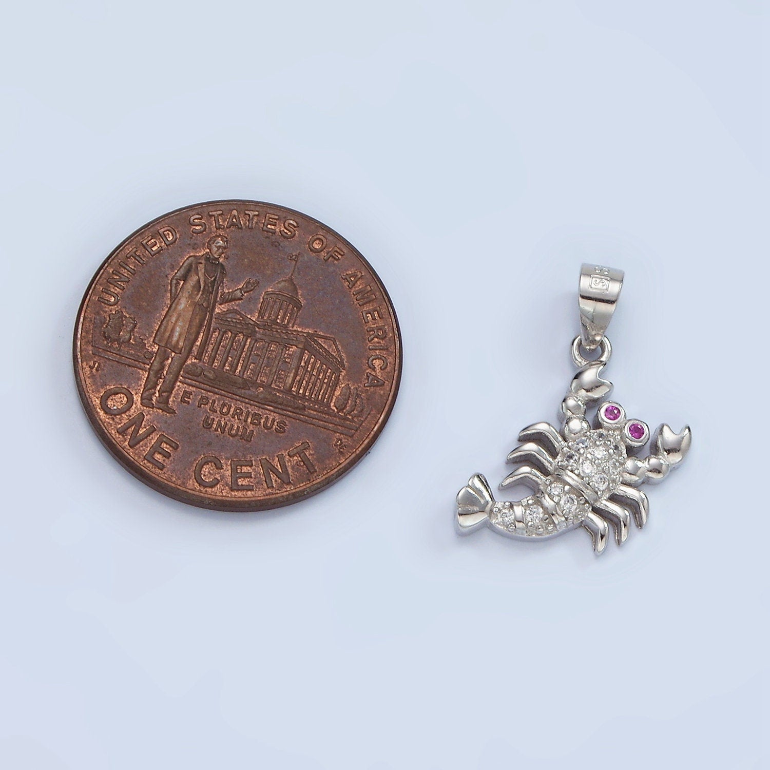 S925 Sterling Silver Fuchsia-Eyed Micro Paved CZ Lobster Animal Pendant | SL-463