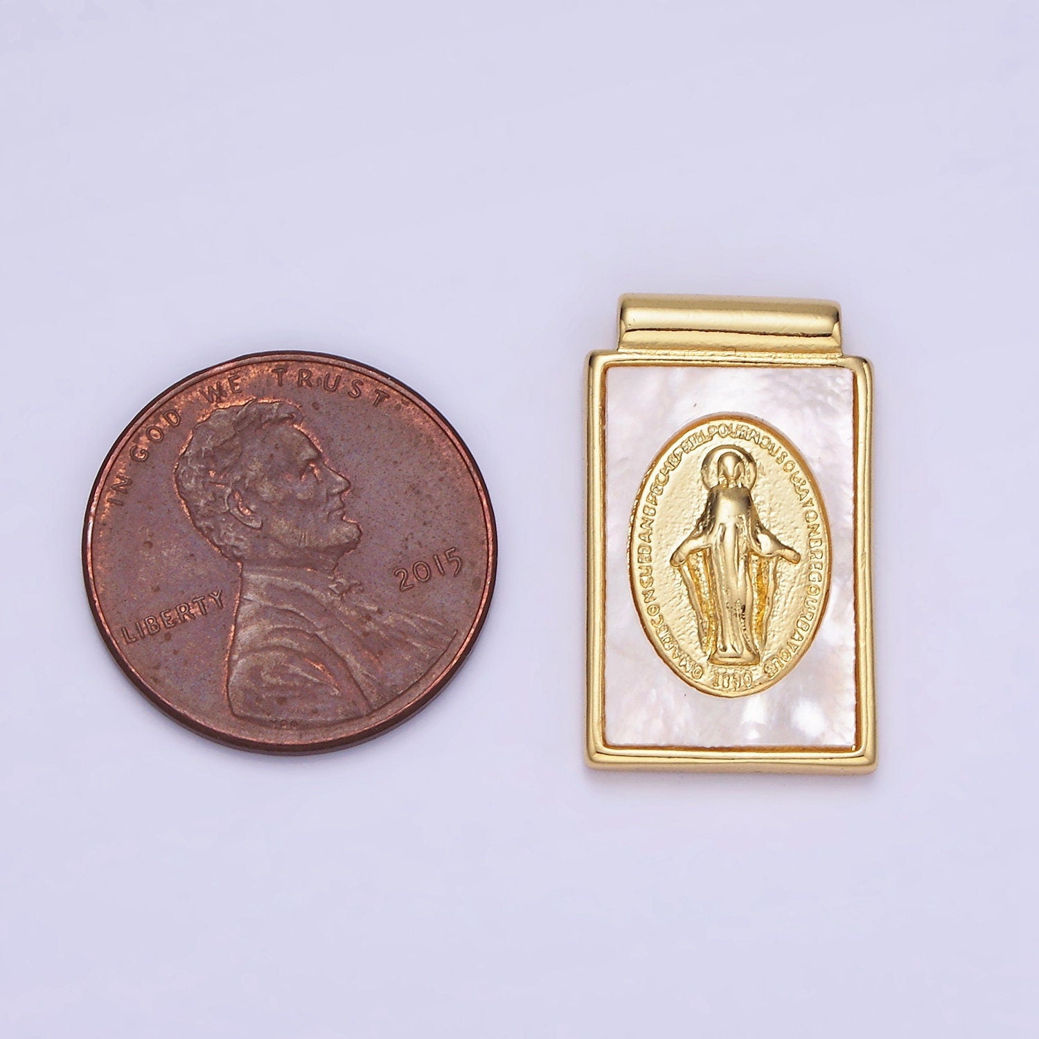 Dainty 14K Gold Filled Miraculous Lady Charm Dangle Virgin Mary Tag Rectangle Pearl Pendant | AH-158