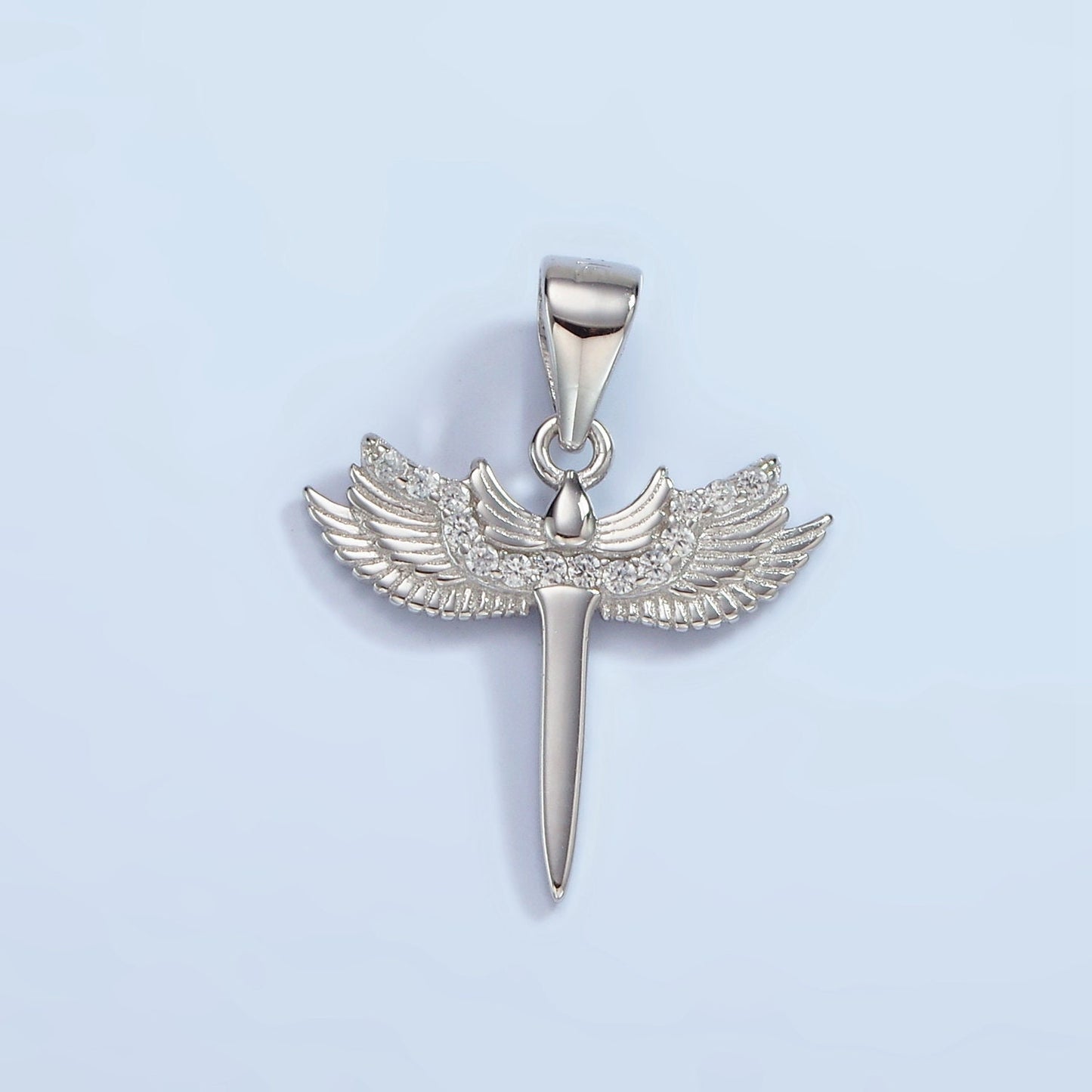 S925 Sterling Silver Micro Paved CZ Feather Wings Sword Pendant | SL-461