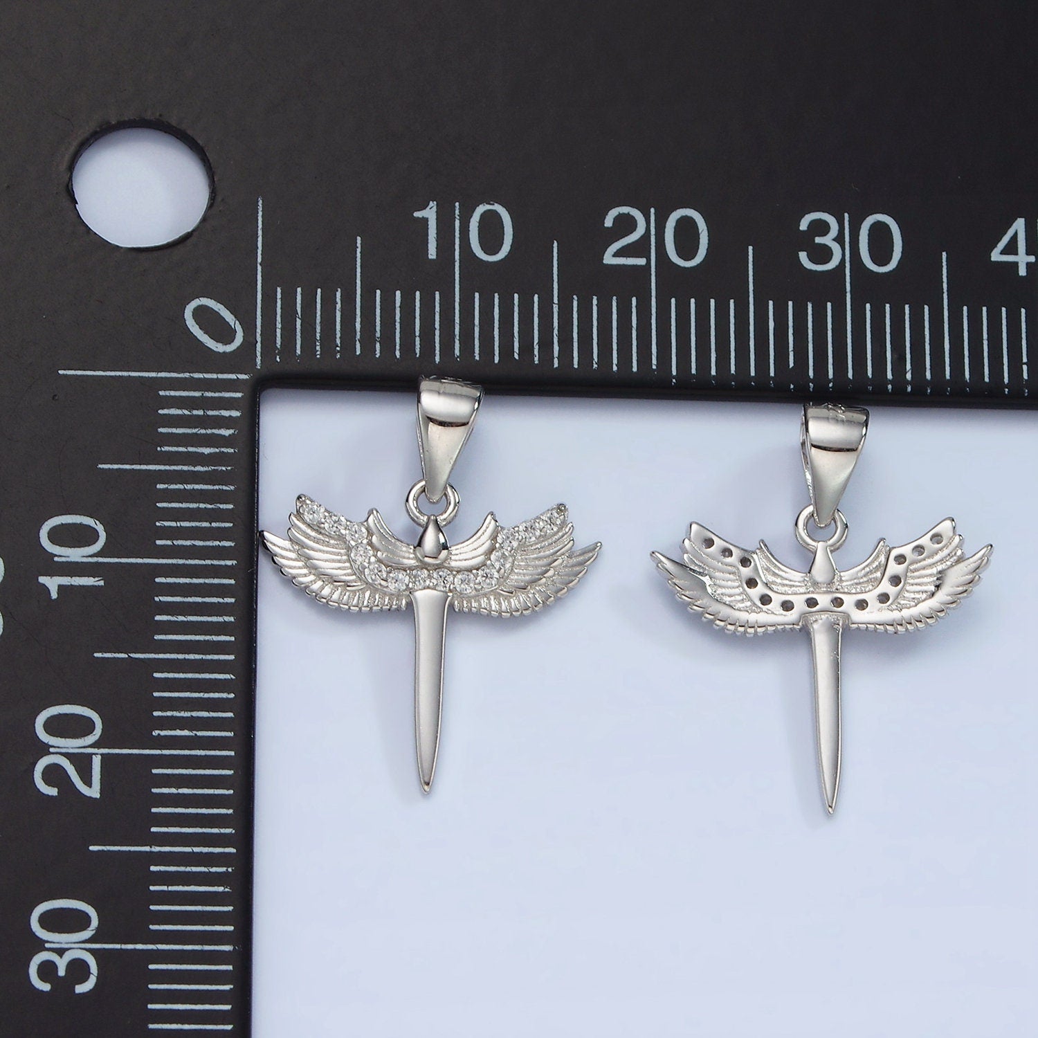 S925 Sterling Silver Micro Paved CZ Feather Wings Sword Pendant | SL-461