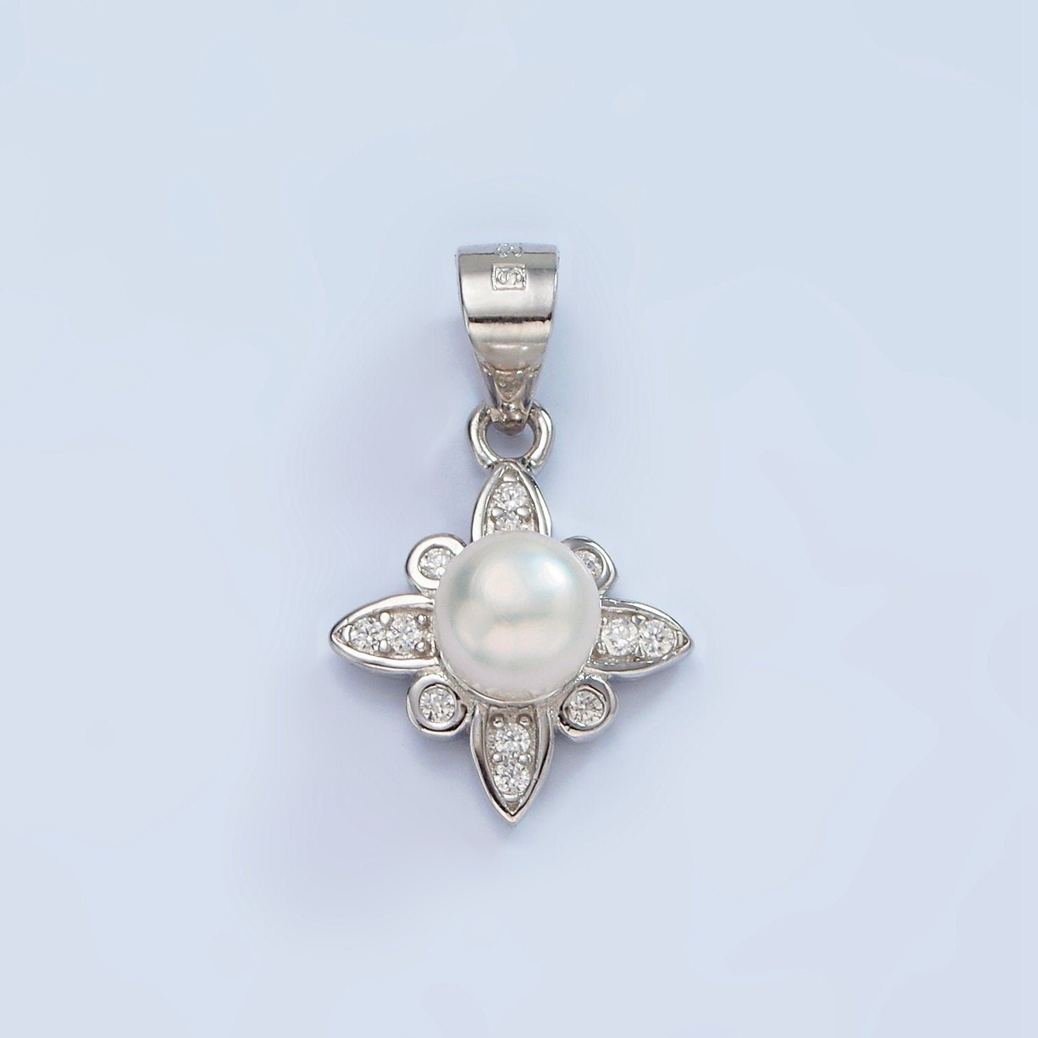 S925 Sterling Silver Pearl Micro Paved CZ Celestial Star Charm Minimalist Pendant | SL-444