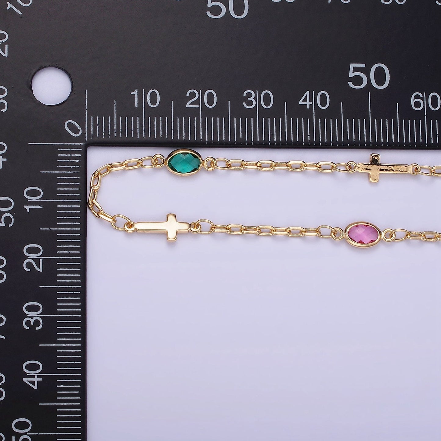 14K Gold Filled Paperclip Chain by yard w/ Crosses and Stone Bezel Link 1.9mm | Roll-1455