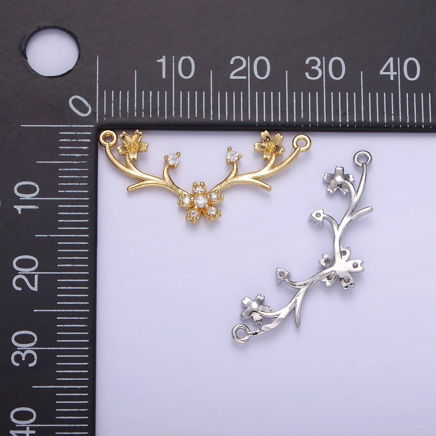 14K Gold Filled Flower Nature Branch CZ Curved Connector in Gold & Silver | G282