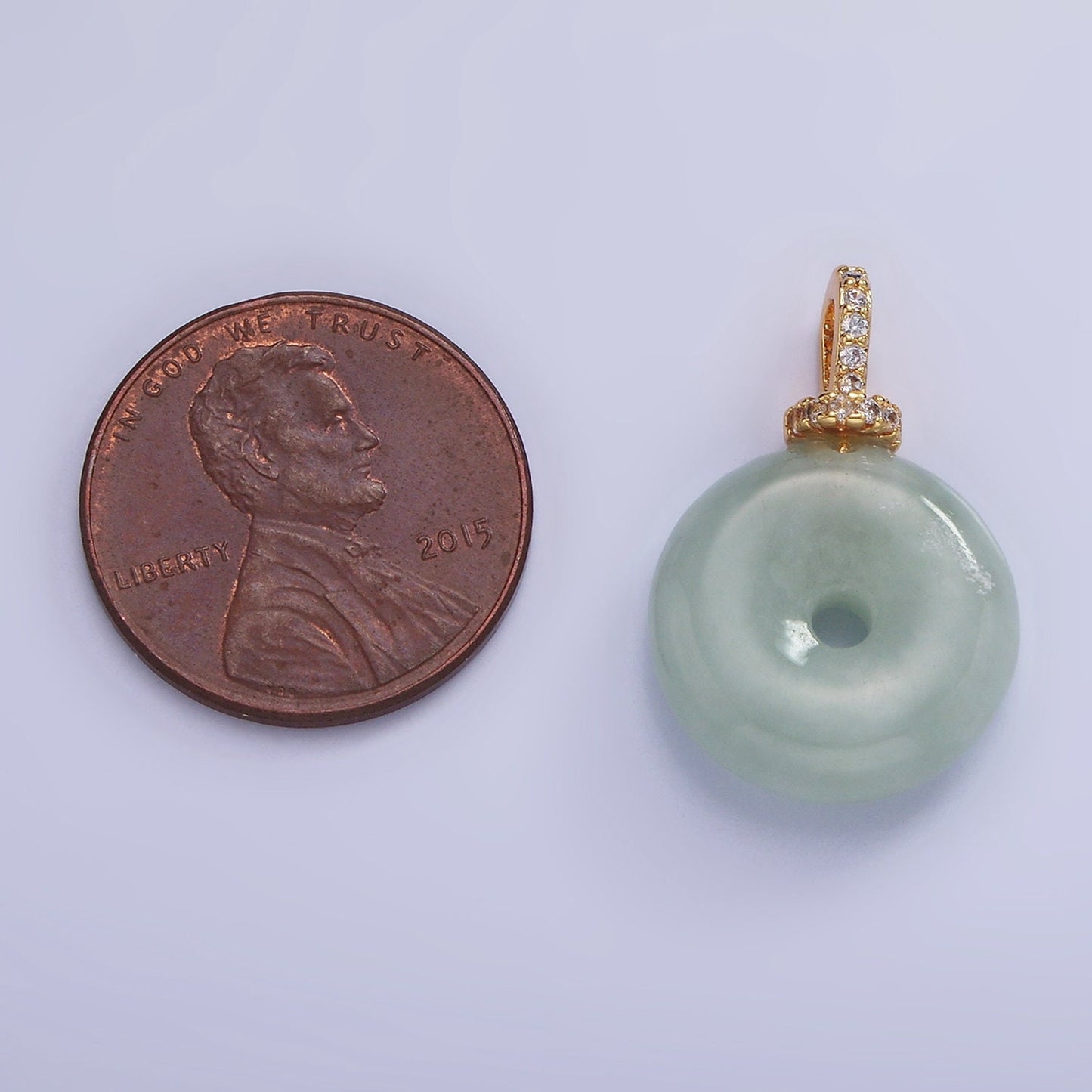 14K Gold Filled 23mm Green Jade Donut One-Sided CZ Bail Pendant | AH-138