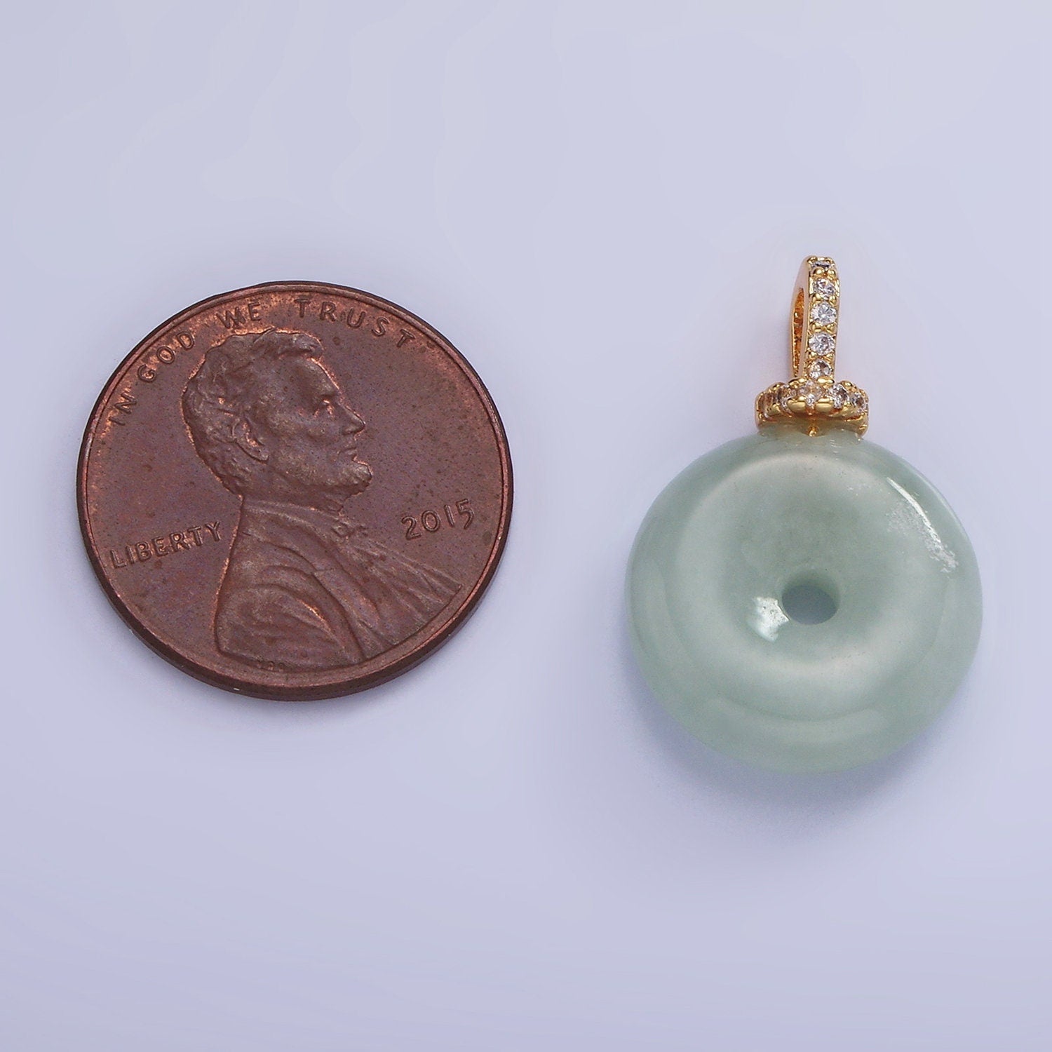 14K Gold Filled 23mm Green Jade Donut One-Sided CZ Bail Pendant | AH-138