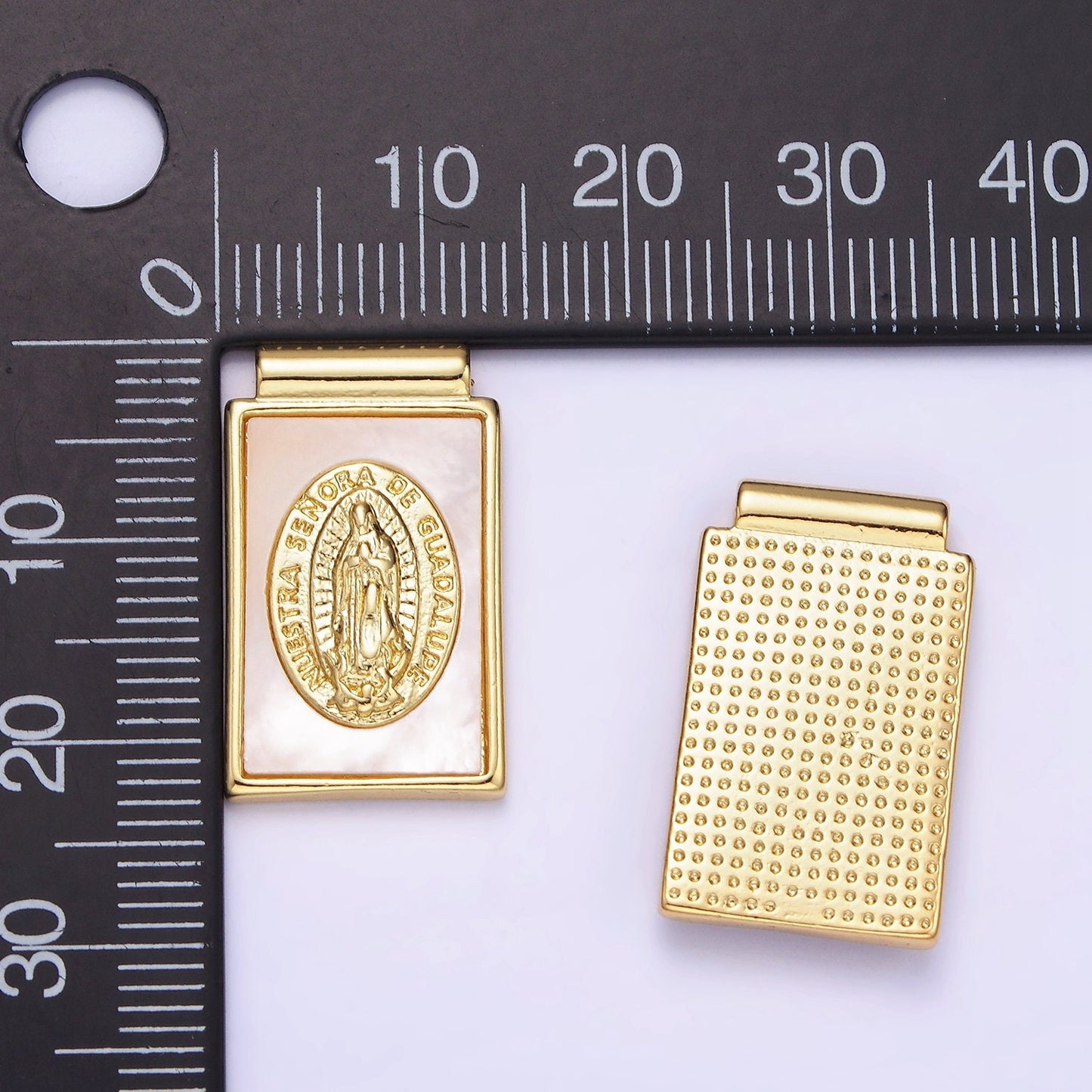 Dainty Dangle Banner Style 14K Gold Filled Lady Guadalupe Charm Rectangle Pearl Medallion for Necklace Religious Jewelry Making | AH-156