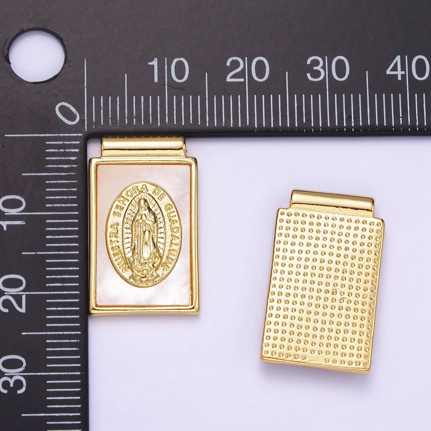 Dainty Dangle Banner Style 14K Gold Filled Lady Guadalupe Charm Rectangle Pearl Medallion for Necklace Religious Jewelry Making | AH-156