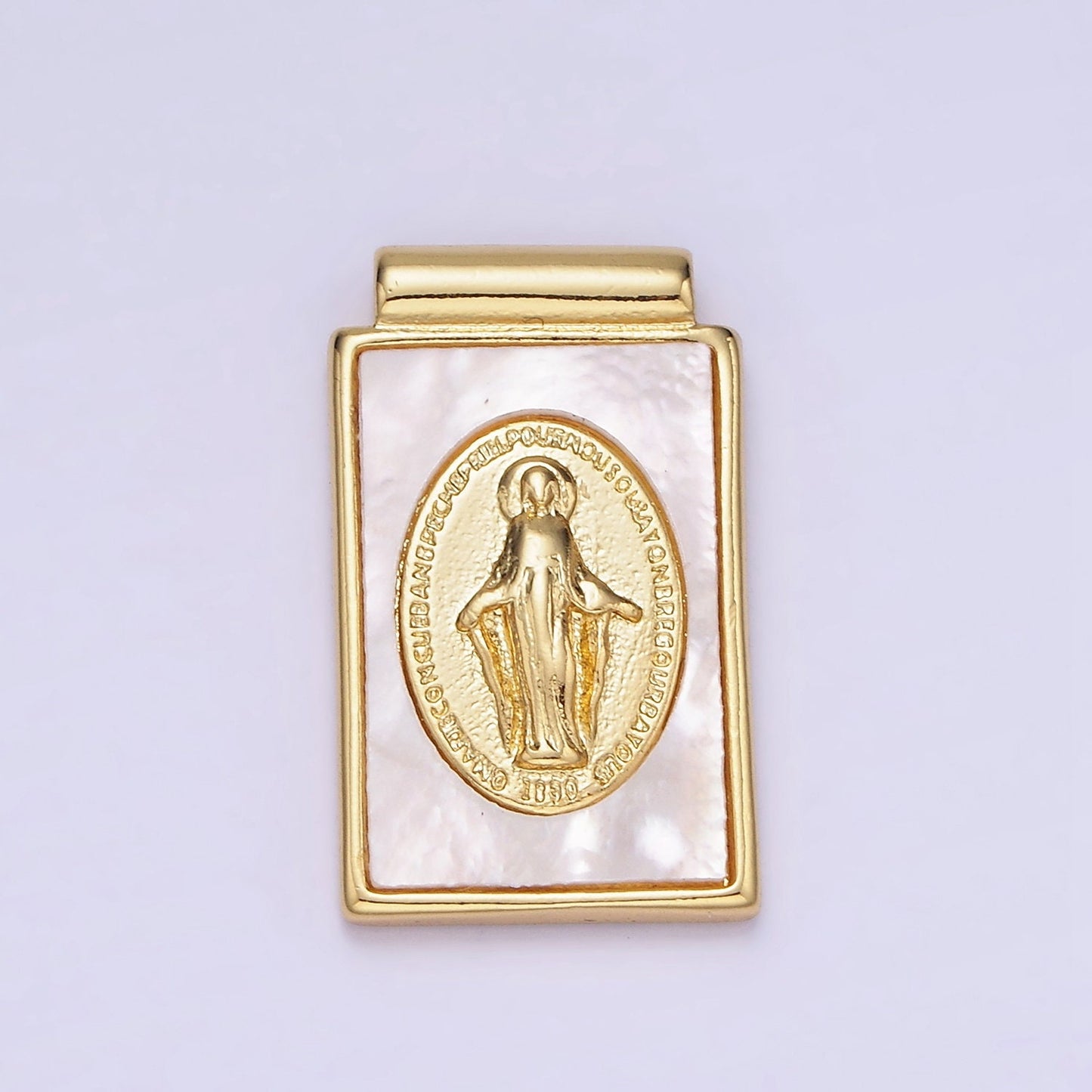 Dainty 14K Gold Filled Miraculous Lady Charm Dangle Virgin Mary Tag Rectangle Pearl Pendant | AH-158