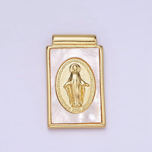 Dainty 14K Gold Filled Miraculous Lady Charm Dangle Virgin Mary Tag Rectangle Pearl Pendant | AH-158