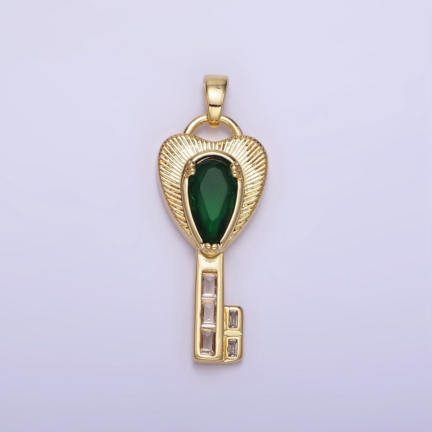 Gold Filled Key Charm with Emerald Green CZ Stone Pendant AH142