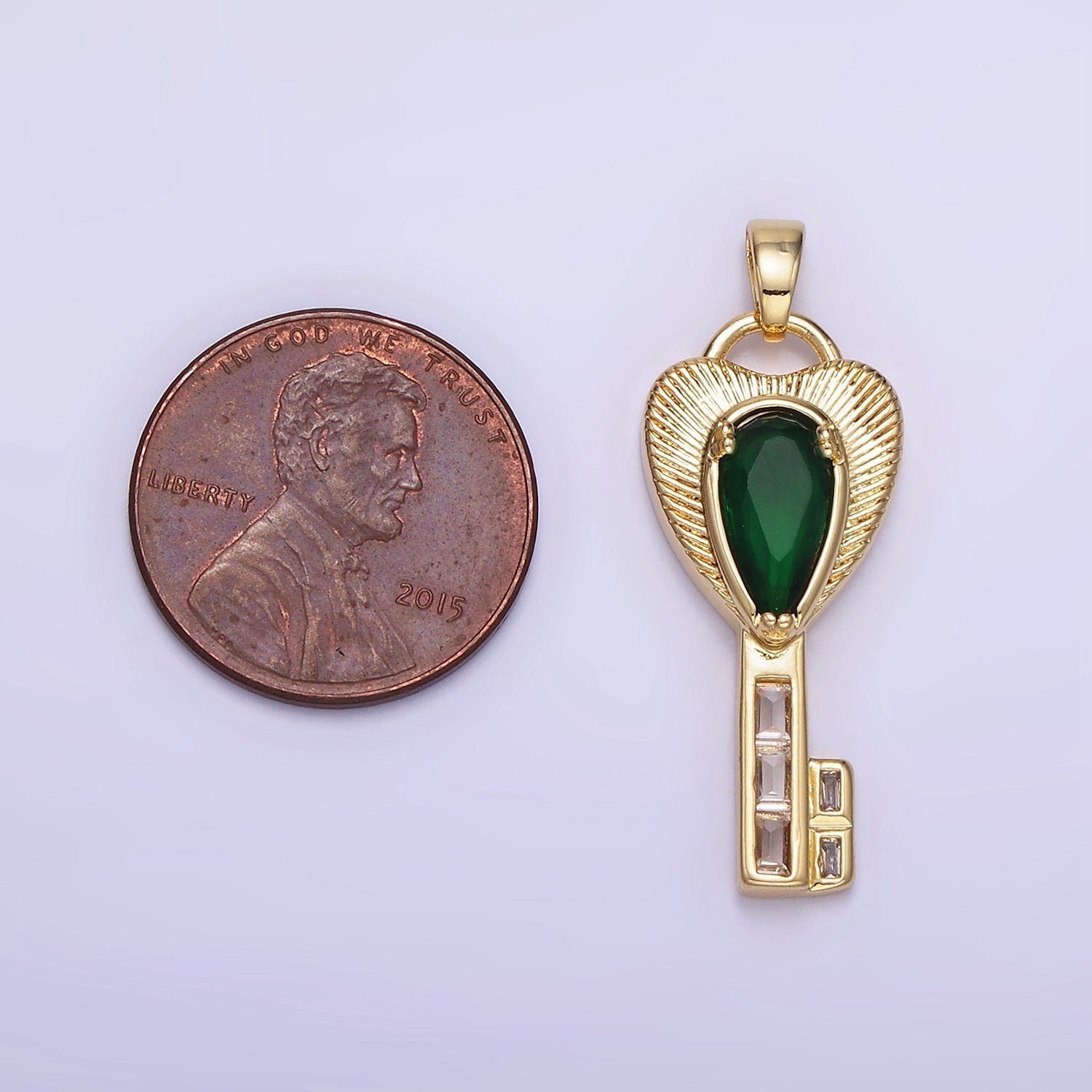 Gold Filled Key Charm with Emerald Green CZ Stone Pendant AH142