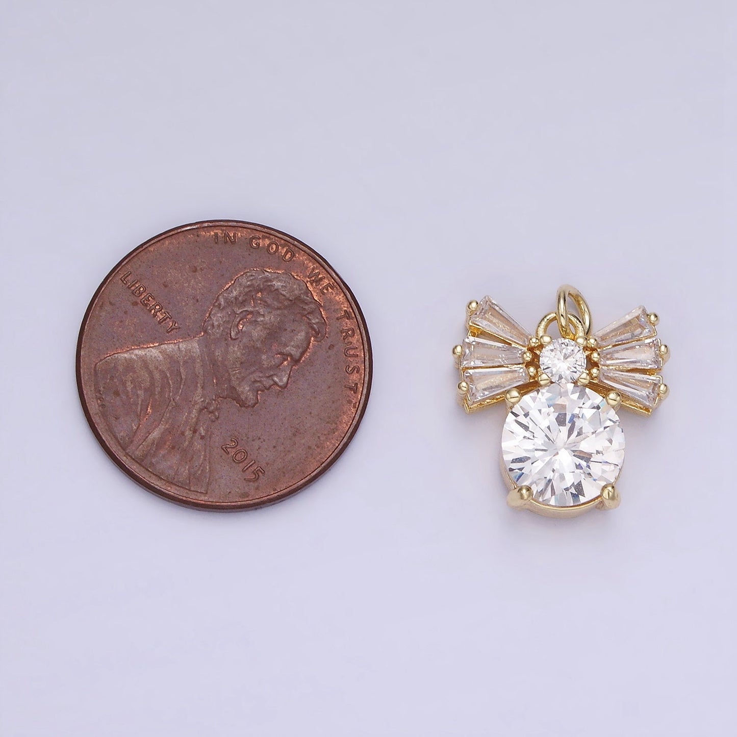 1Mini 4K Gold Filled Clear Solitaire CZ Round Baguette Ribbon Bow Charm | AG729