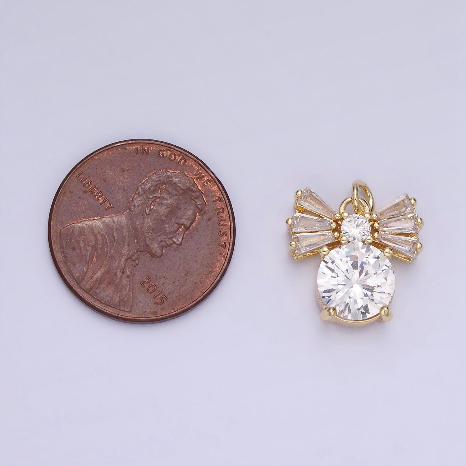 1Mini 4K Gold Filled Clear Solitaire CZ Round Baguette Ribbon Bow Charm | AG729