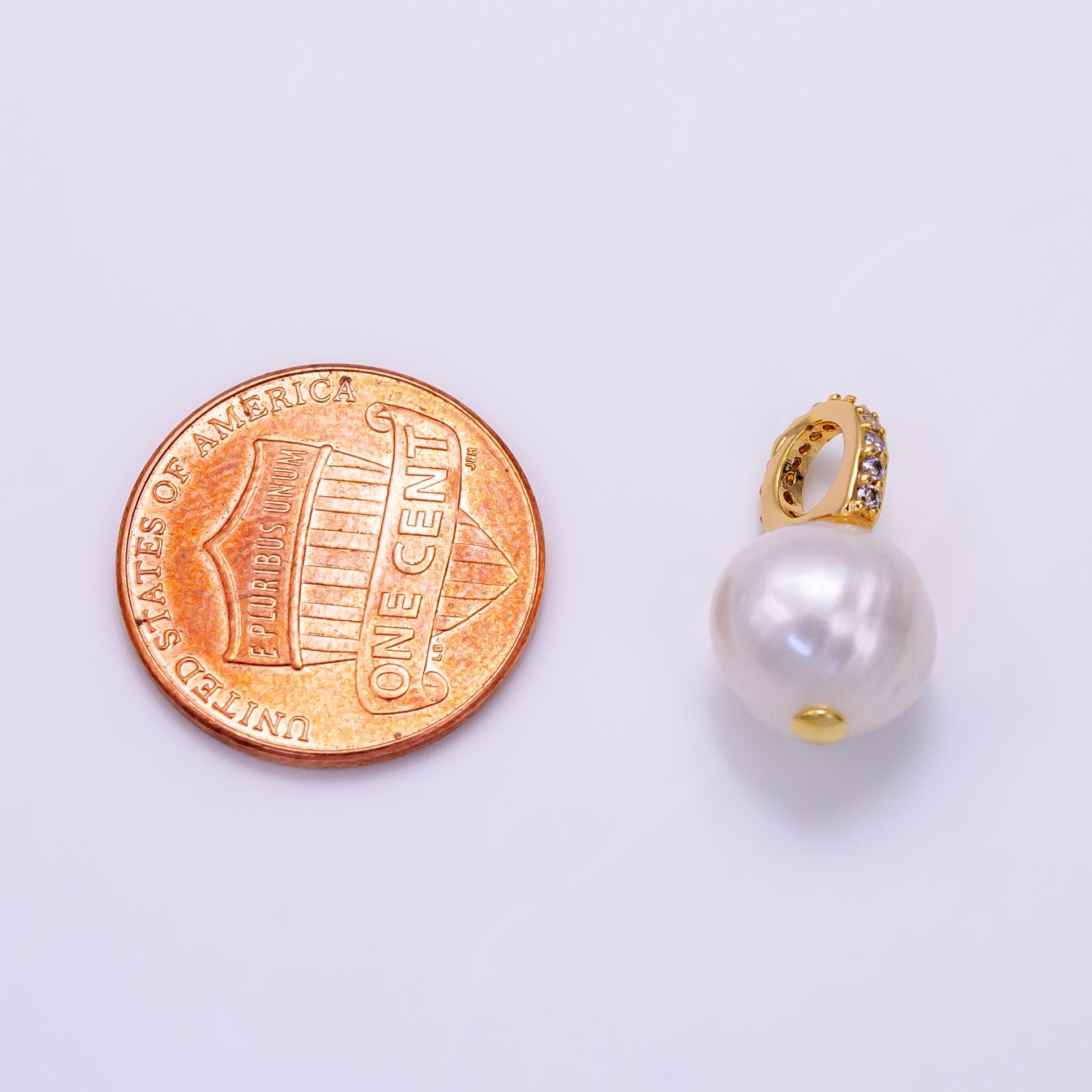 14K Gold Filled 9mm White Freshwater Pearl Button Drop Micro Paved CZ Pendant | P1709