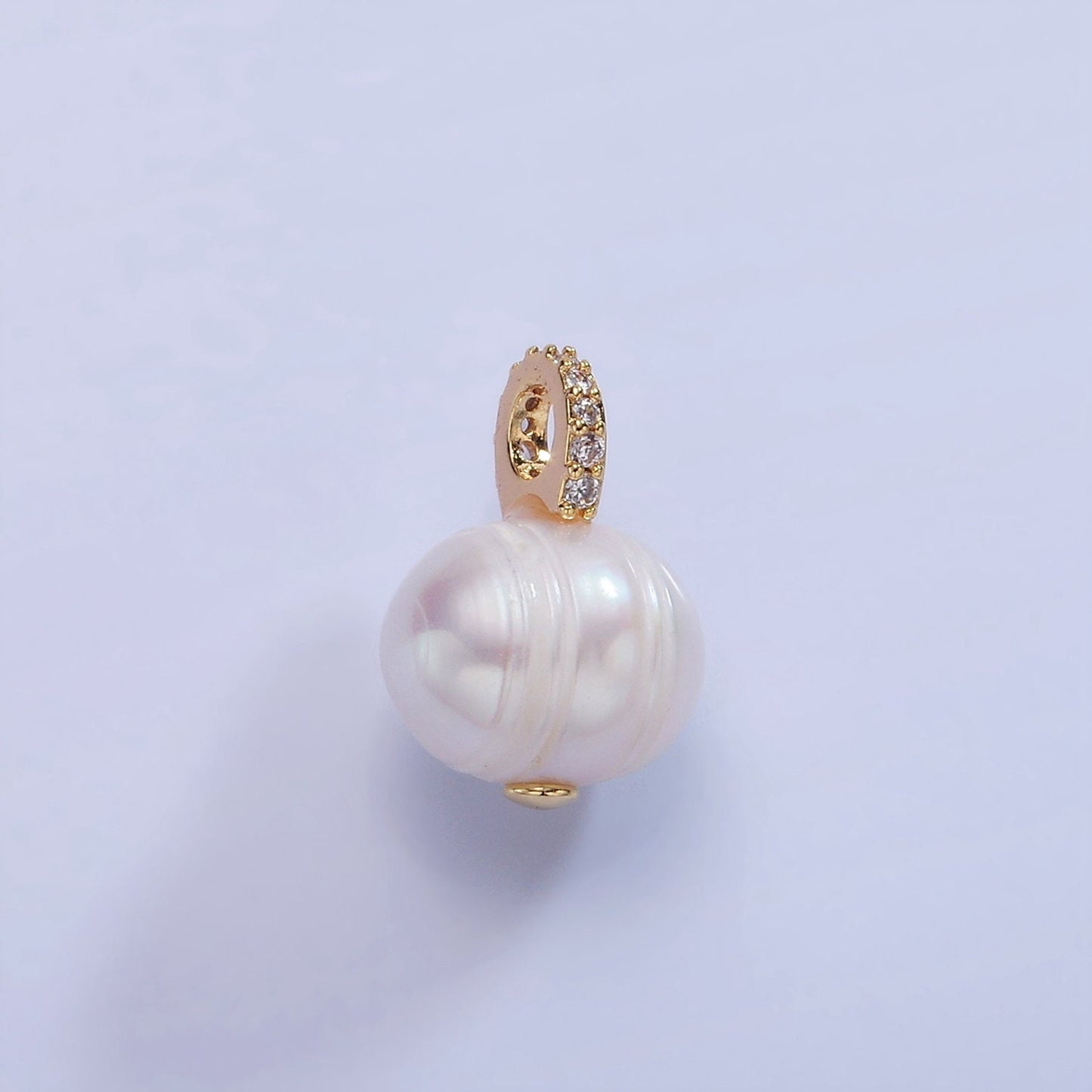 14K Gold Filled 9.4mm White Freshwater Pearl Button Drop Micro Paved CZ Pendant | P1708