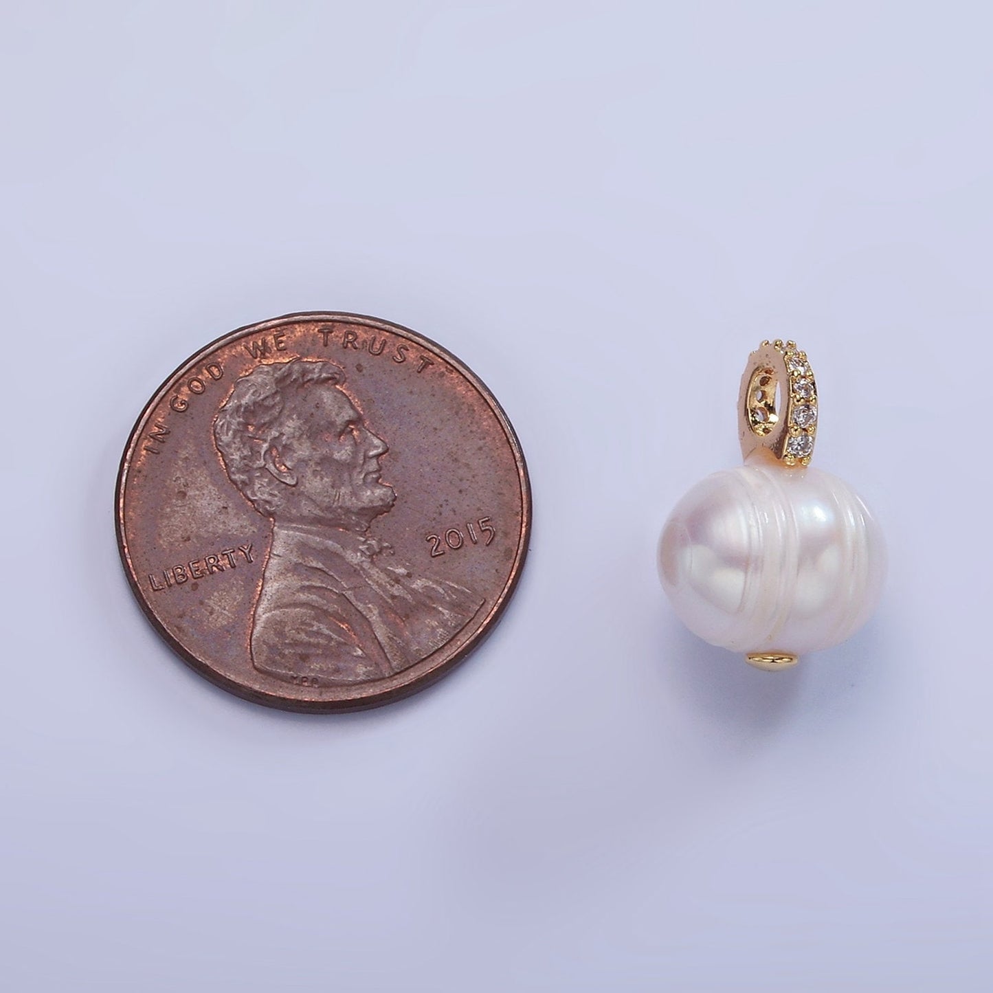 14K Gold Filled 9.4mm White Freshwater Pearl Button Drop Micro Paved CZ Pendant | P1708