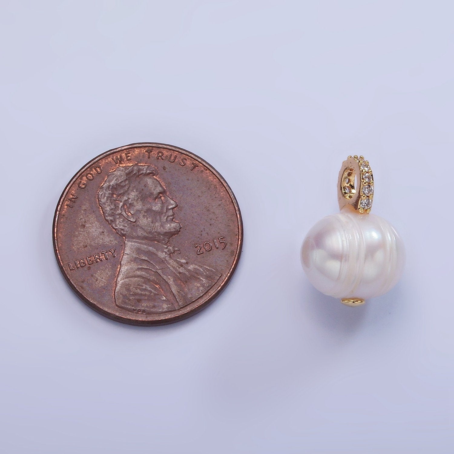 14K Gold Filled 9.4mm White Freshwater Pearl Button Drop Micro Paved CZ Pendant | P1708
