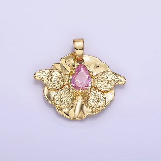 14K Gold Filled Pink CZ Teardrop Butterfly Wings Hammered Pendant | AH-144