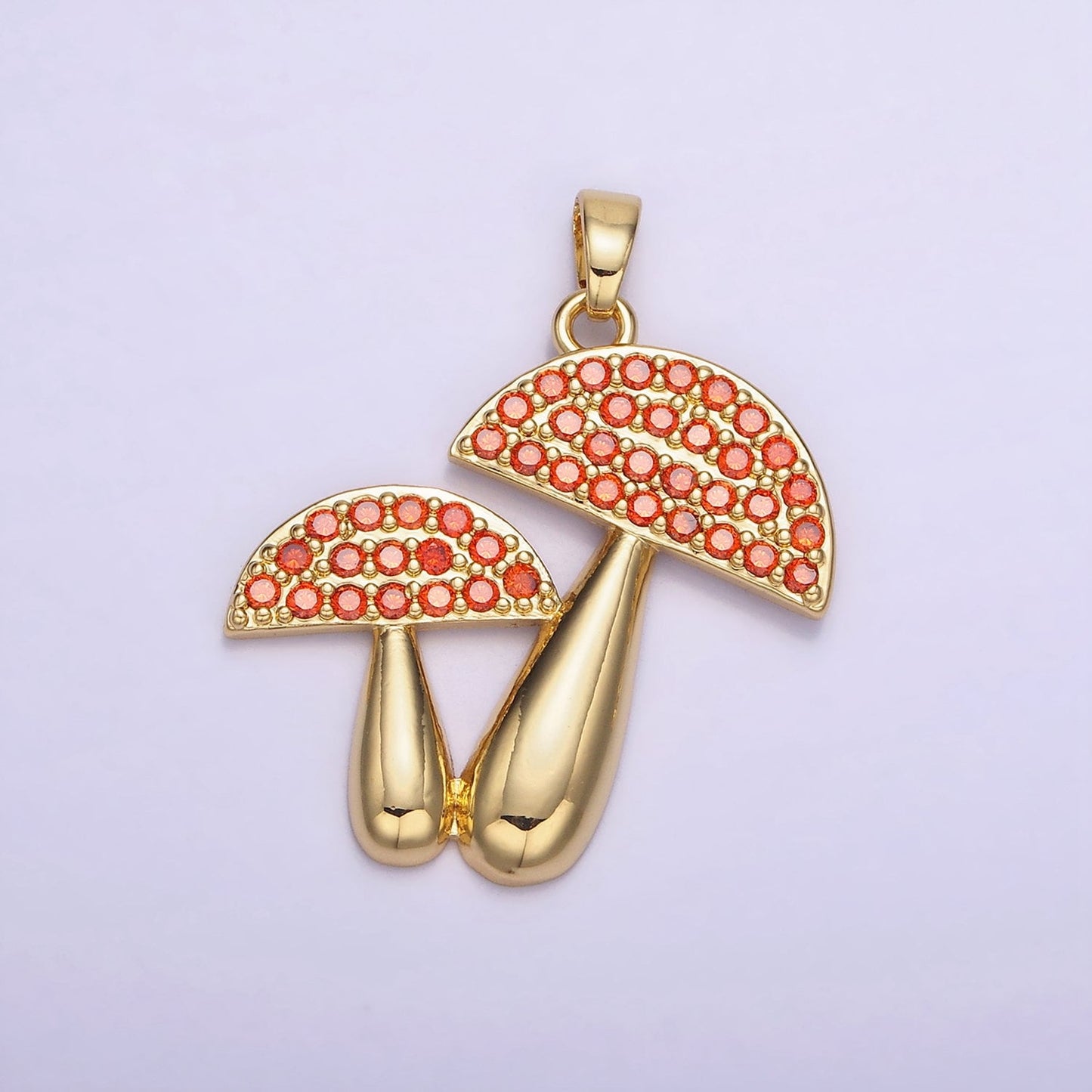 14K Gold Filled Green, Orange Micro Paved CZ Mushroom Plant Nature Pendant | AH-152
