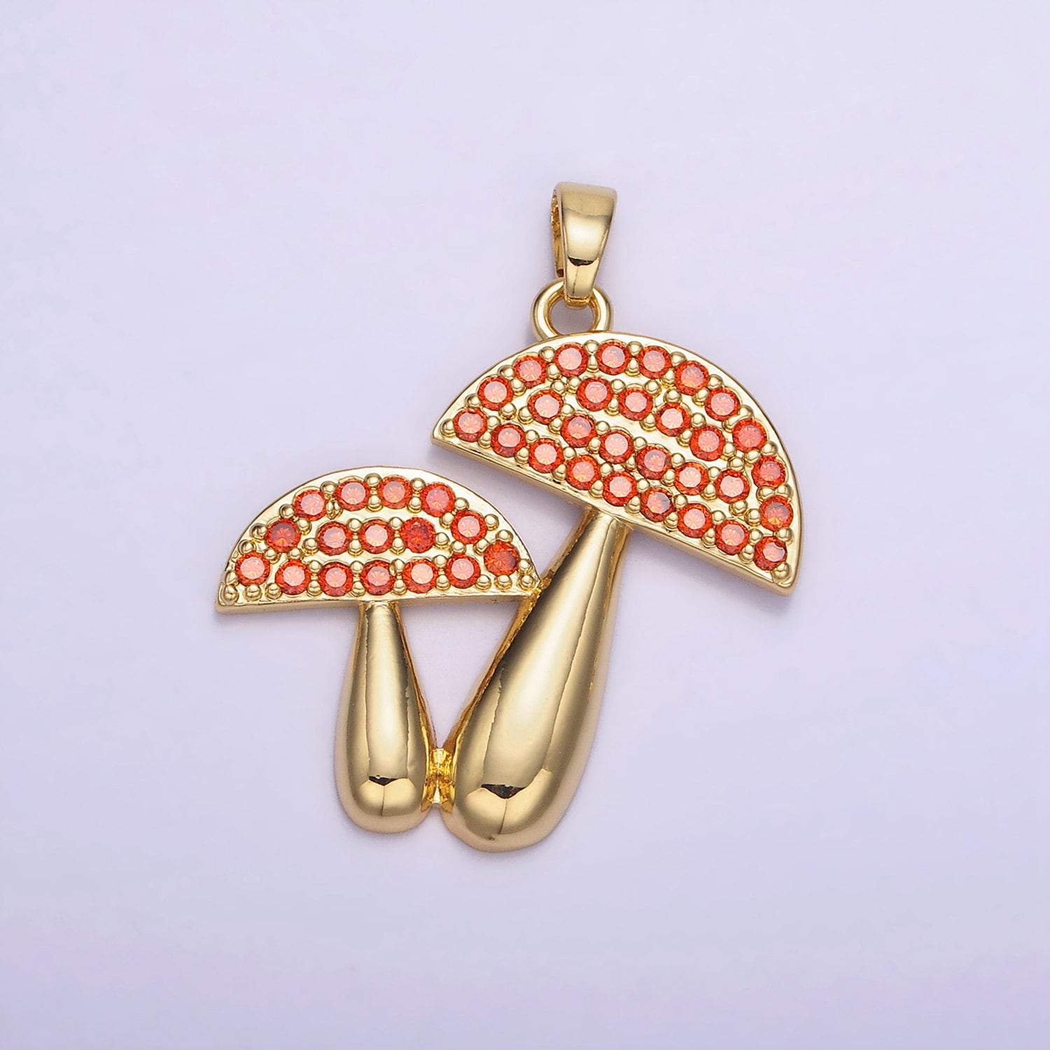 14K Gold Filled Green, Orange Micro Paved CZ Mushroom Plant Nature Pendant | AH-152