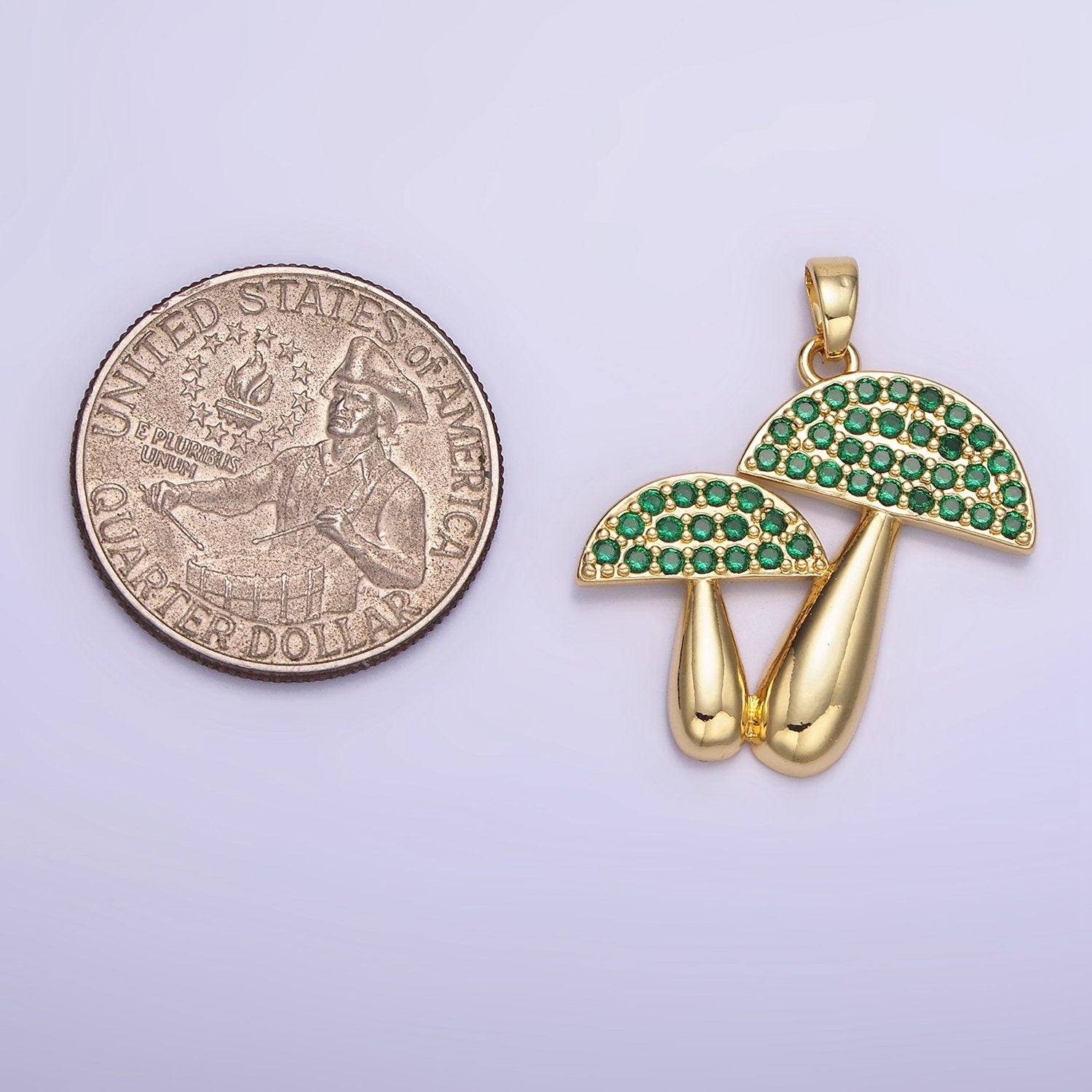 14K Gold Filled Green, Orange Micro Paved CZ Mushroom Plant Nature Pendant | AH-152