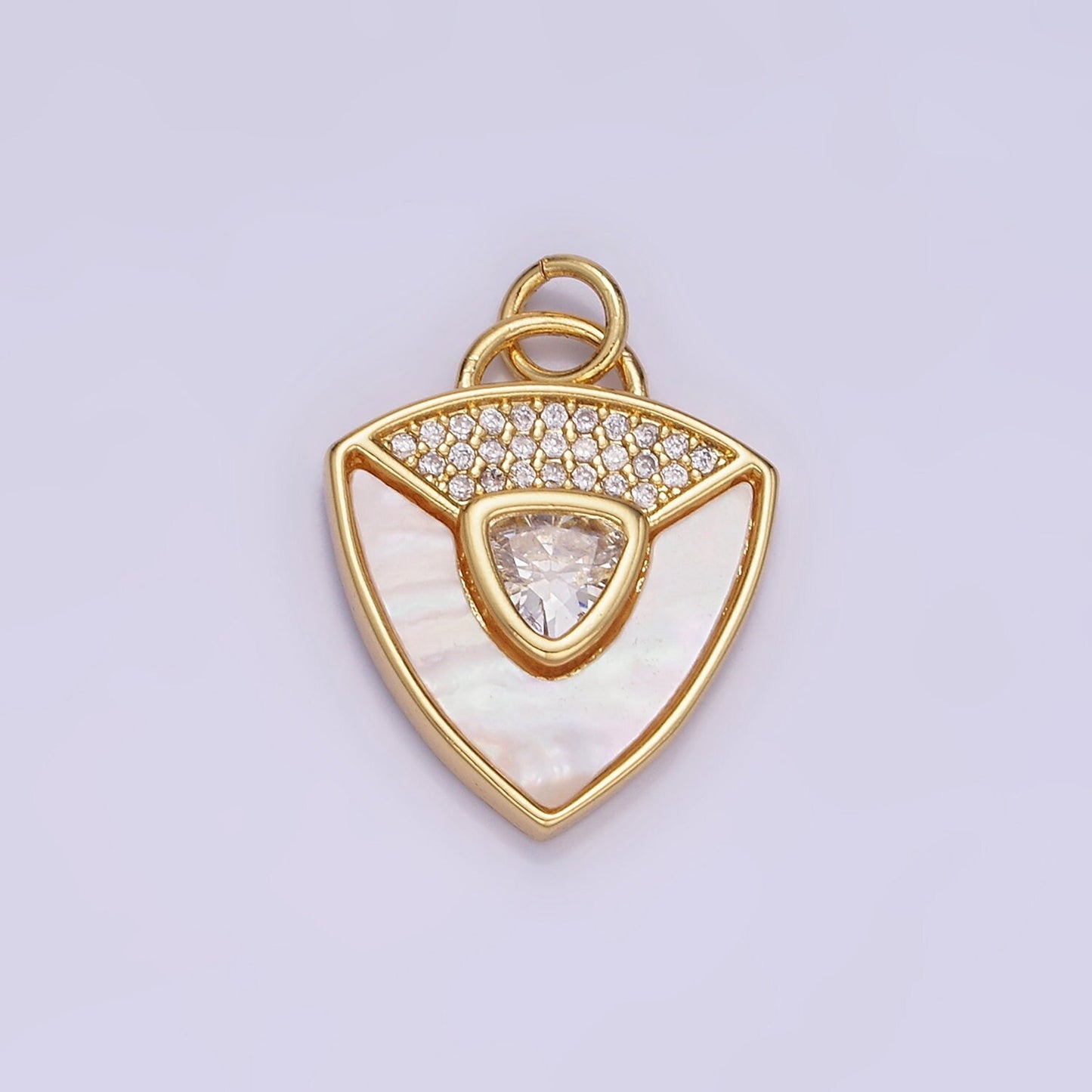 14K Gold Filled Clear, Green CZ Micro Paved Shell Pearl Shield Charm in Gold & Silver | W-492 W-493
